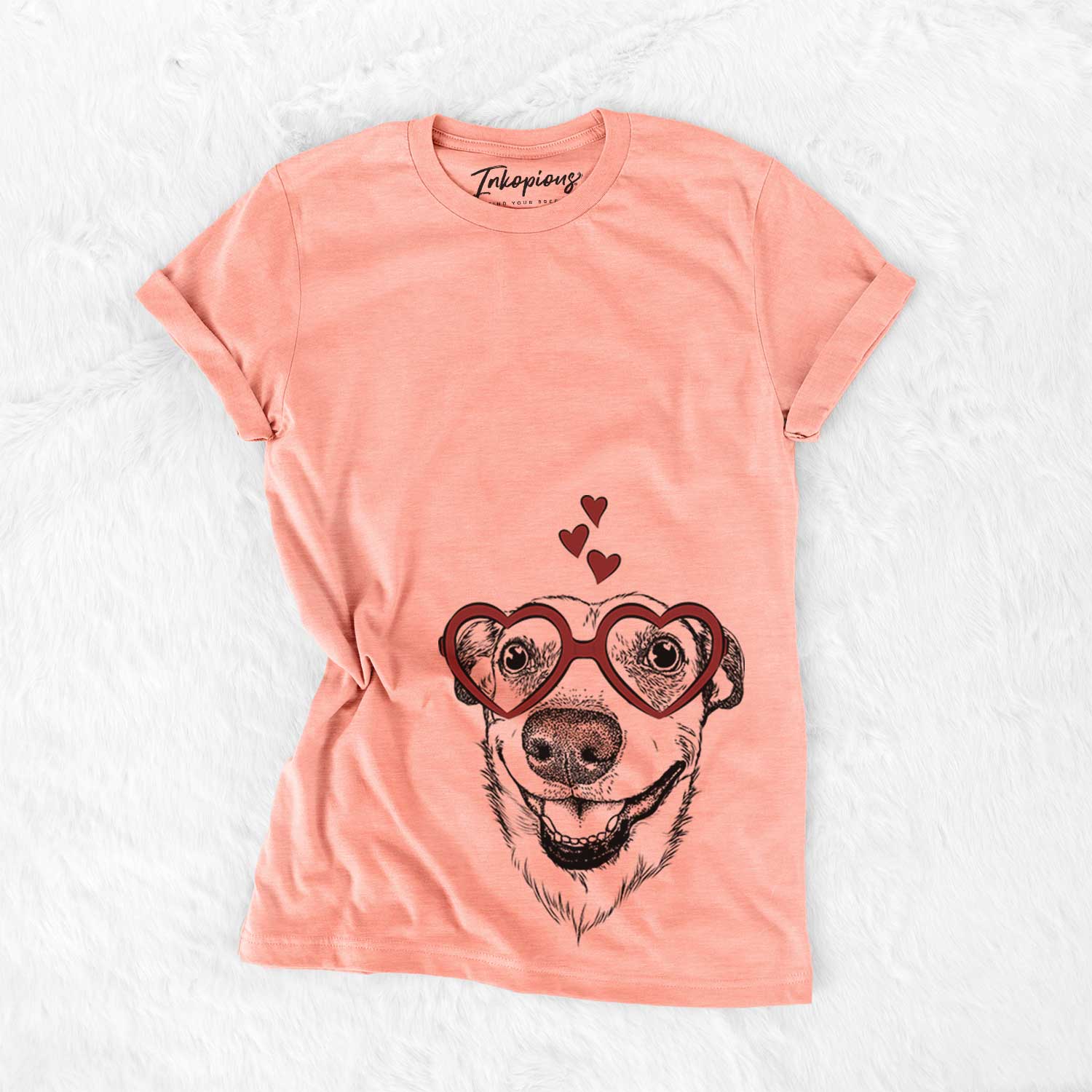 Hand-drawn sketch of Petrah the Staffy Mix wearing heart-shaped glasses on a Sunset Bella Canvas Unisex Crewneck