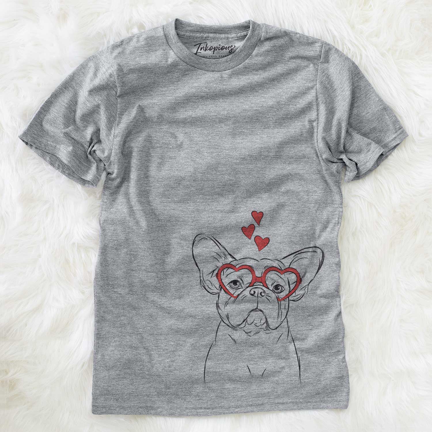 Hand-drawn sketch of Pierre the French Bulldog wearing heart-shaped glasses on a Grey Unisex crewneck