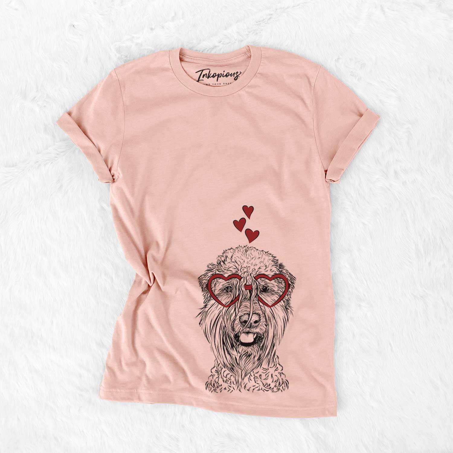 Hand-drawn sketch of Pierre the Soft Coated Wheaten Terrier wearing heart-shaped glasses on a Peach Bella Canvas Unisex Crewneck