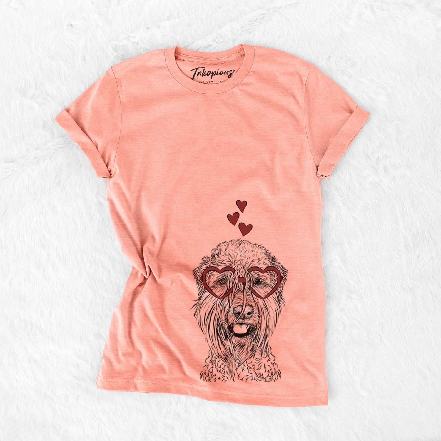 Hand-drawn sketch of Pierre the Soft Coated Wheaten Terrier wearing heart-shaped glasses on a Sunset Bella Canvas Unisex Crewneck