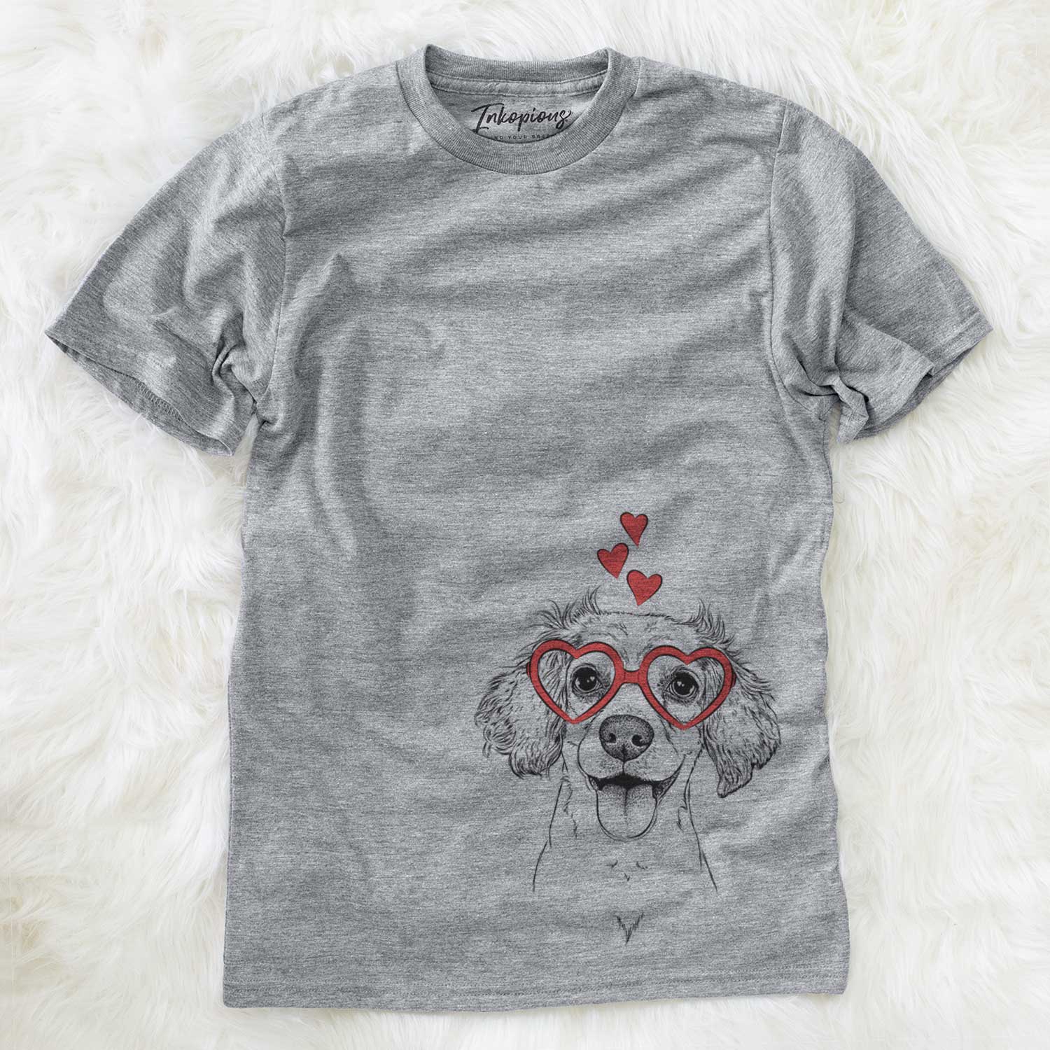 Hand-drawn sketch of Piglet the Dachshund Mix wearing heart-shaped glasses on a Grey Unisex crewneck