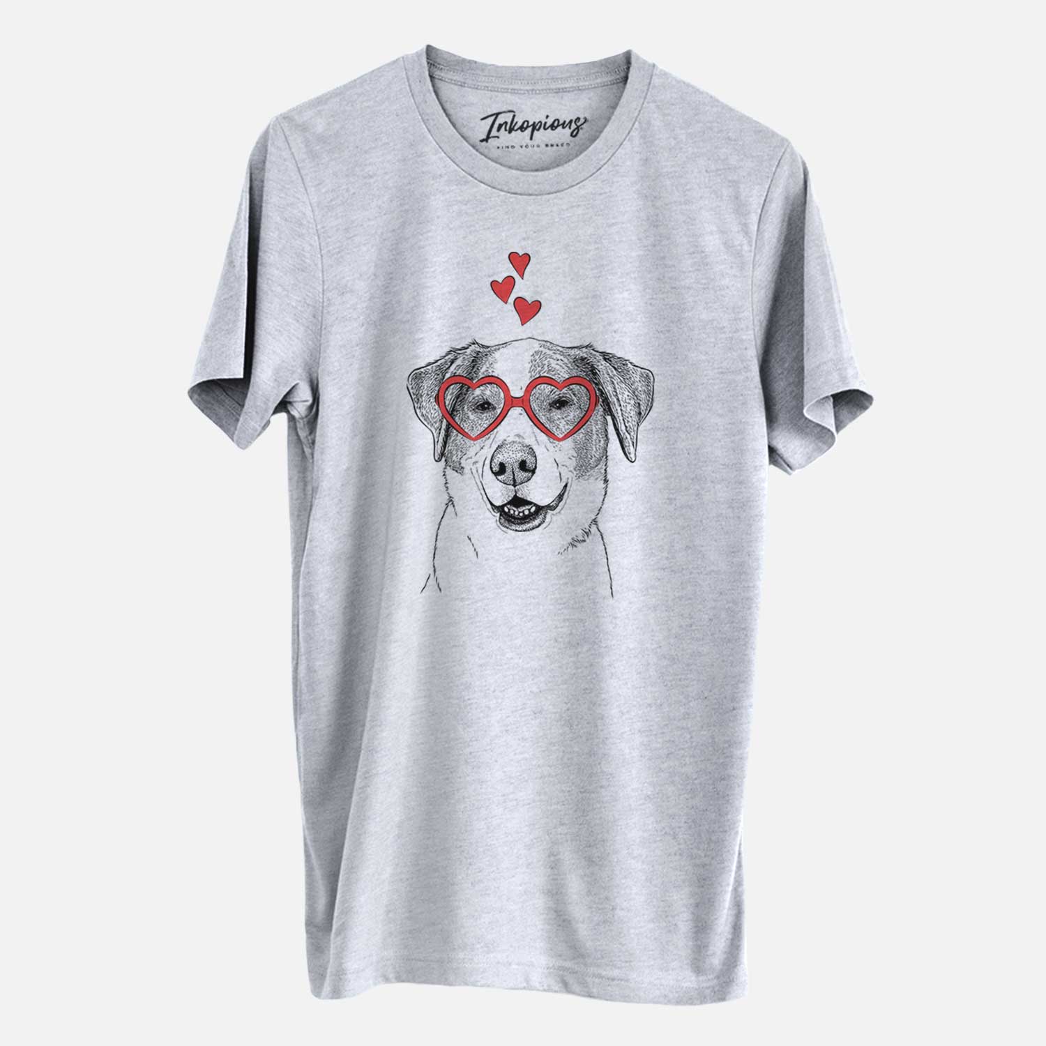Hand-drawn sketch of Piper Pilot the Hound Mix wearing heart-shaped glasses on a Grey Unisex crewneck