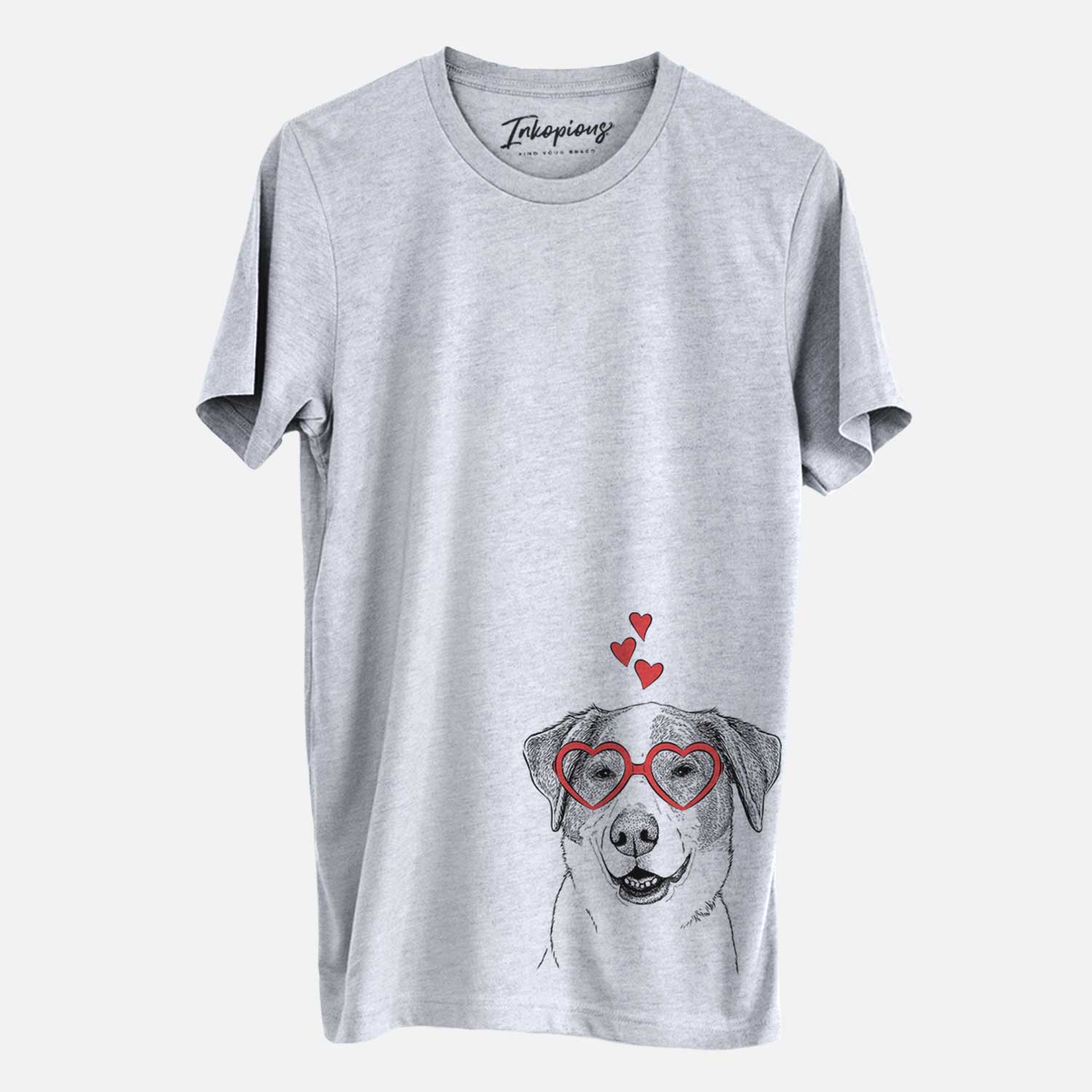 Hand-drawn sketch of Piper Pilot the Hound Mix wearing heart-shaped glasses on a Grey Unisex crewneck