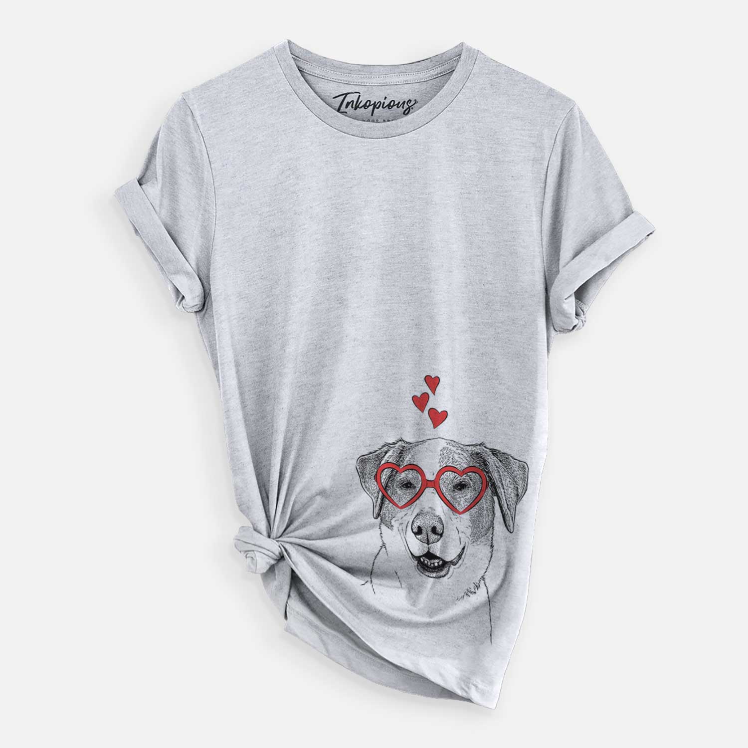 Hand-drawn sketch of Piper Pilot the Hound Mix wearing heart-shaped glasses on a Grey Unisex crewneck
