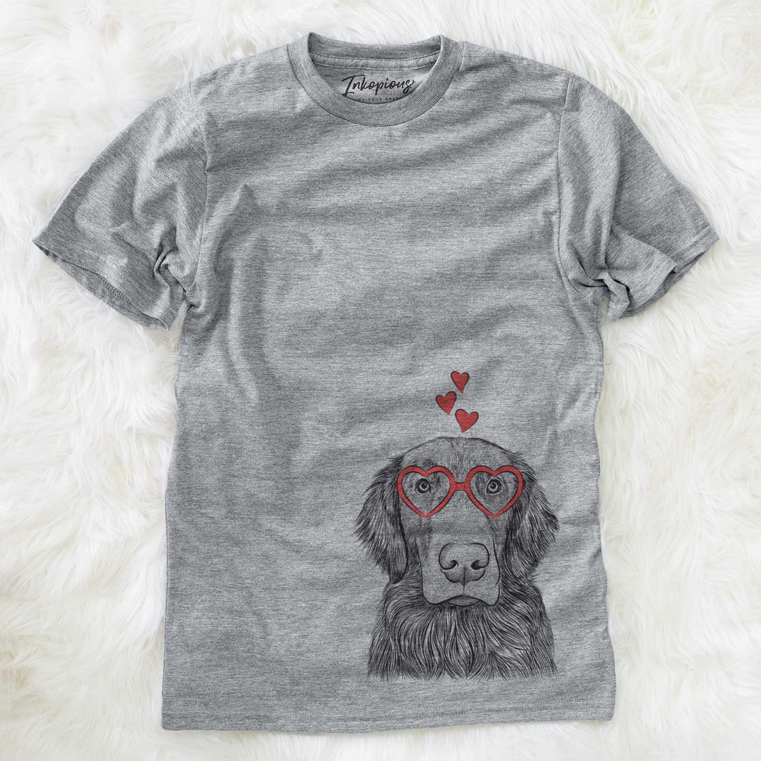 Hand-drawn sketch of Pippin the Flat Coated Retriever wearing heart-shaped glasses on a Grey Unisex crewneck