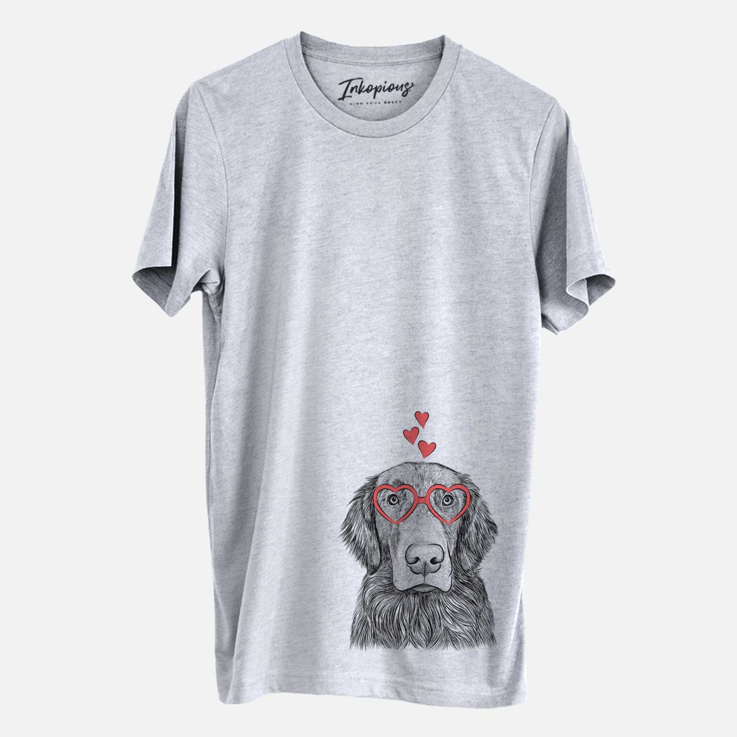Hand-drawn sketch of Pippin the Flat Coated Retriever wearing heart-shaped glasses on a Grey Unisex crewneck