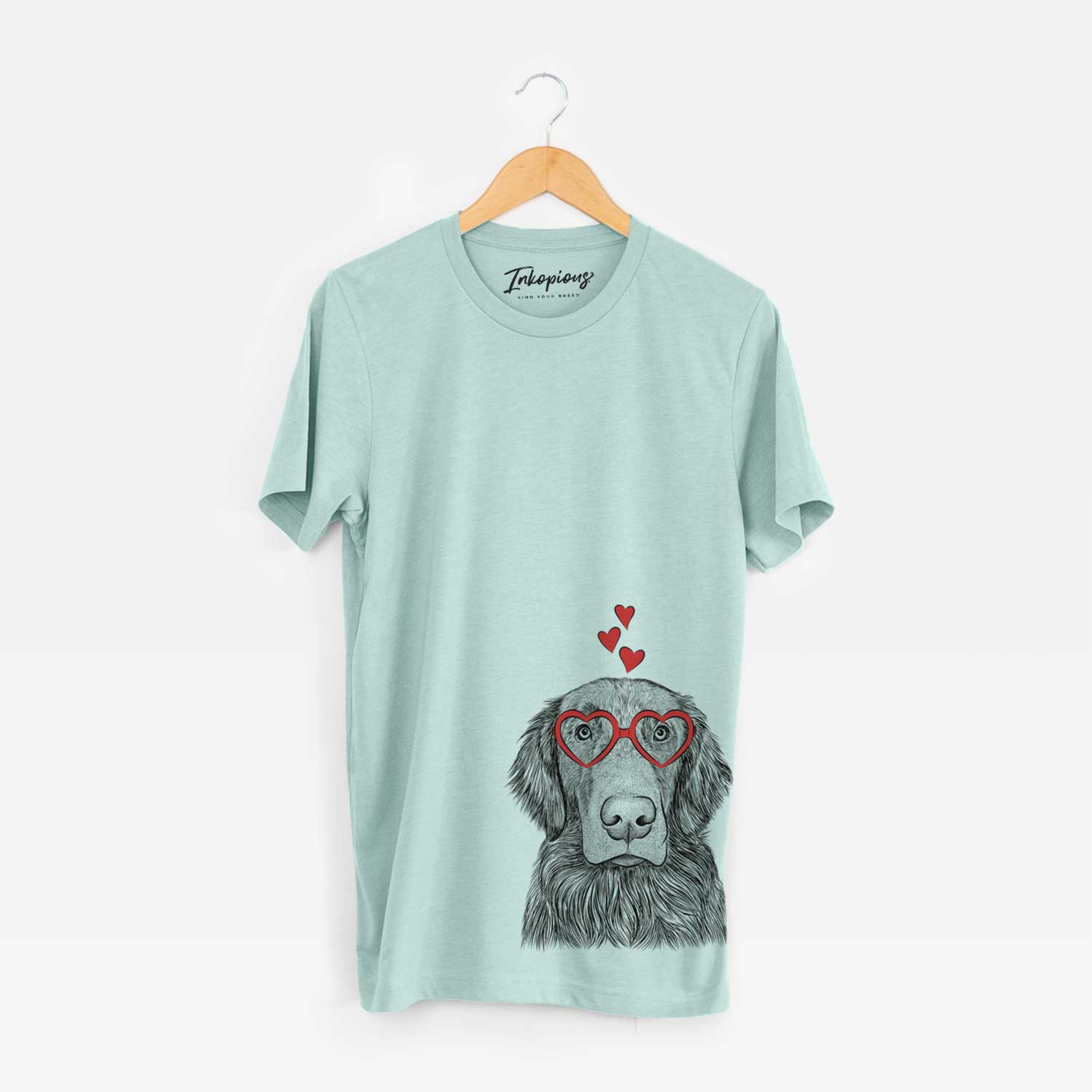 Hand-drawn sketch of Pippin the Flat Coated Retriever wearing heart-shaped glasses on a Heather Sage Unisex crewneck