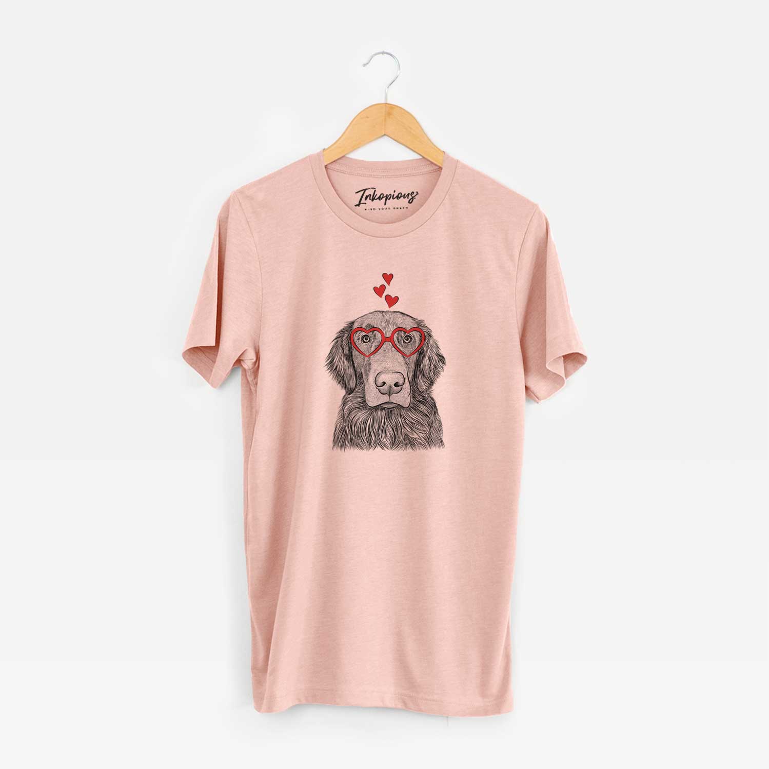 Hand-drawn sketch of Pippin the Flat Coated Retriever wearing heart-shaped glasses on a Peach Unisex crewneck