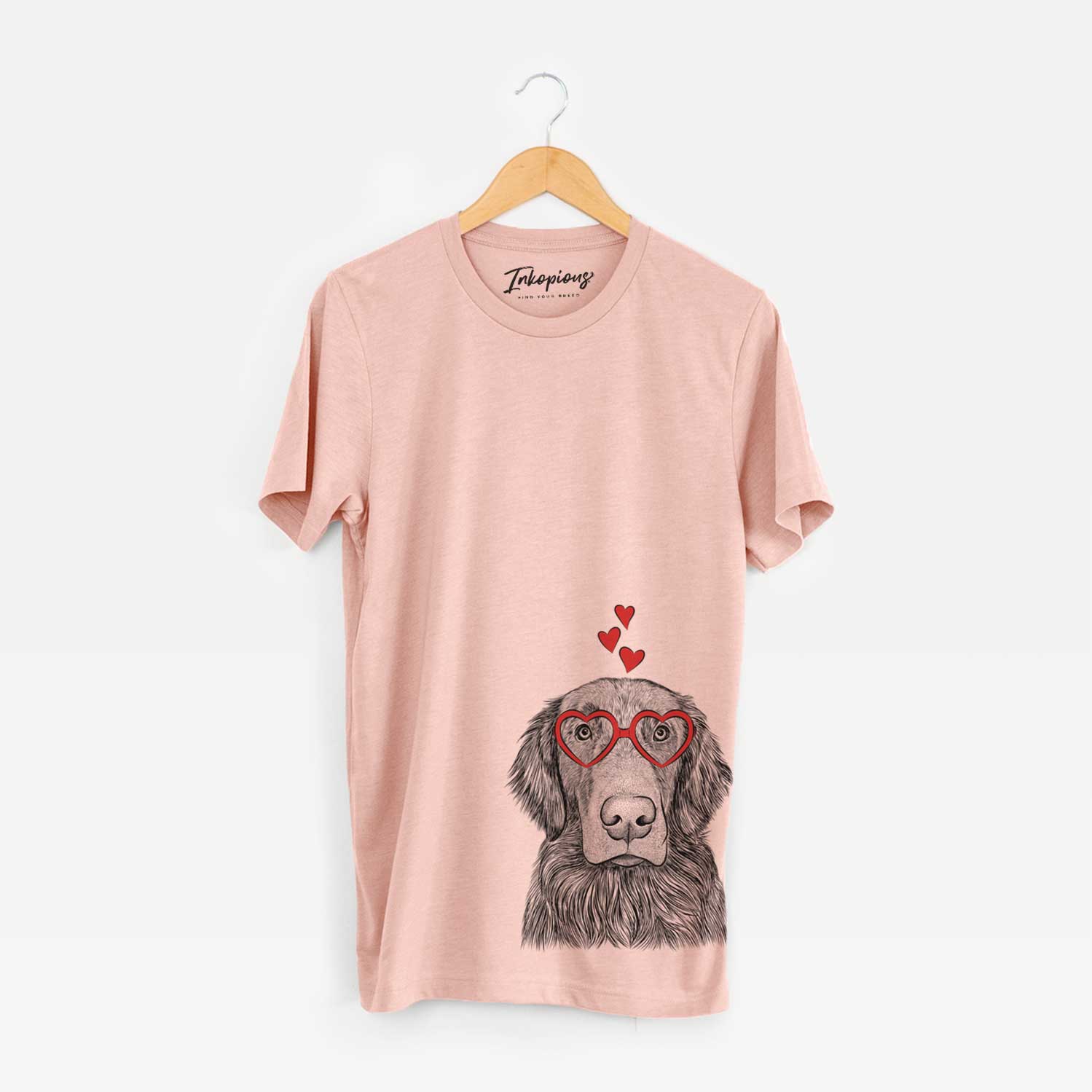Hand-drawn sketch of Pippin the Flat Coated Retriever wearing heart-shaped glasses on a Peach Unisex crewneck