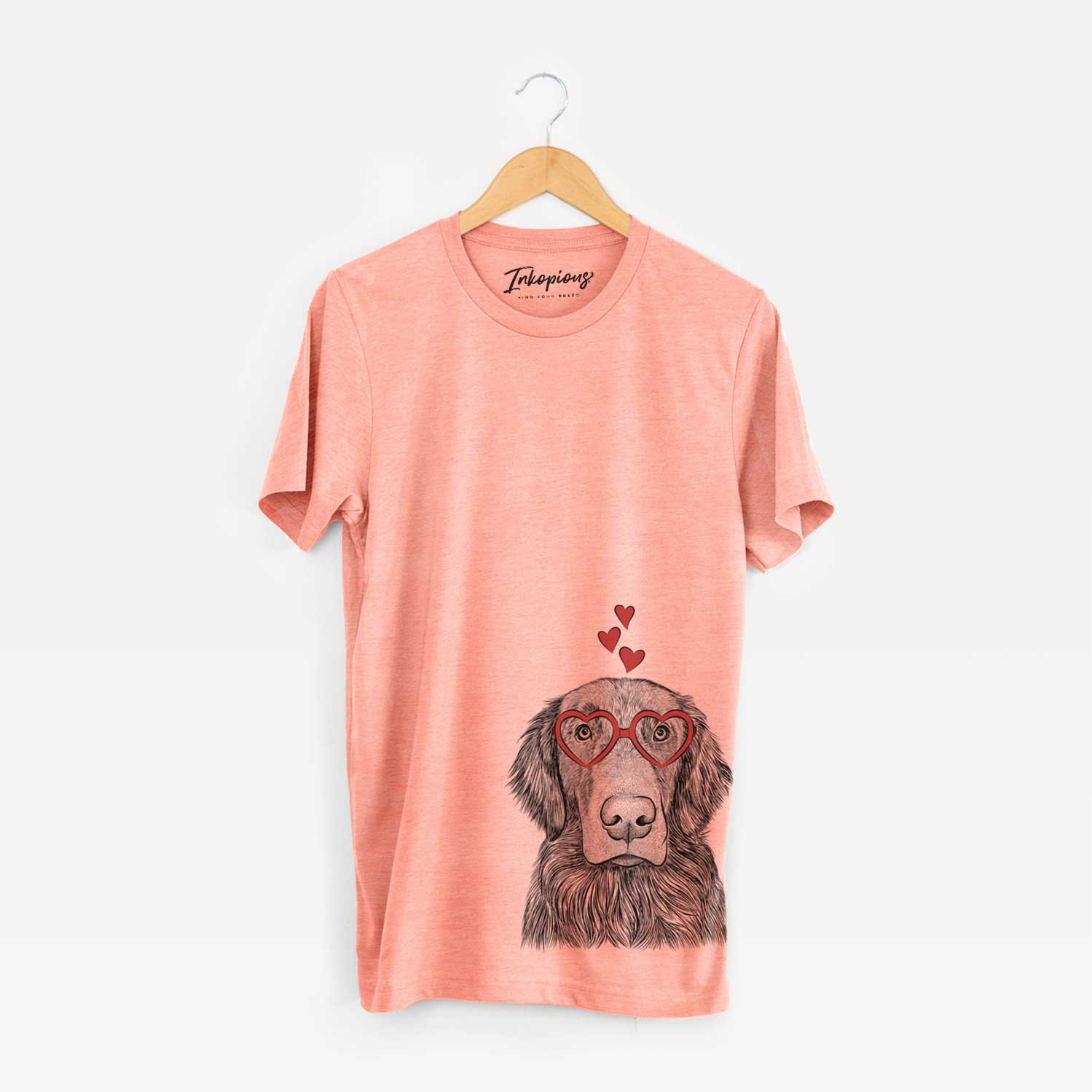 Hand-drawn sketch of Pippin the Flat Coated Retriever wearing heart-shaped glasses on a Sunset Unisex crewneck