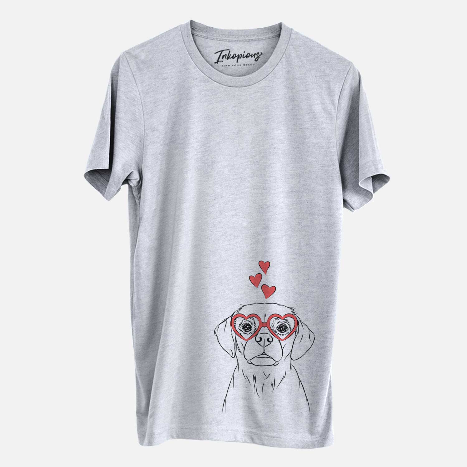 Hand-drawn sketch of Popcorn the Puggle wearing heart-shaped glasses on a Grey Unisex crewneck