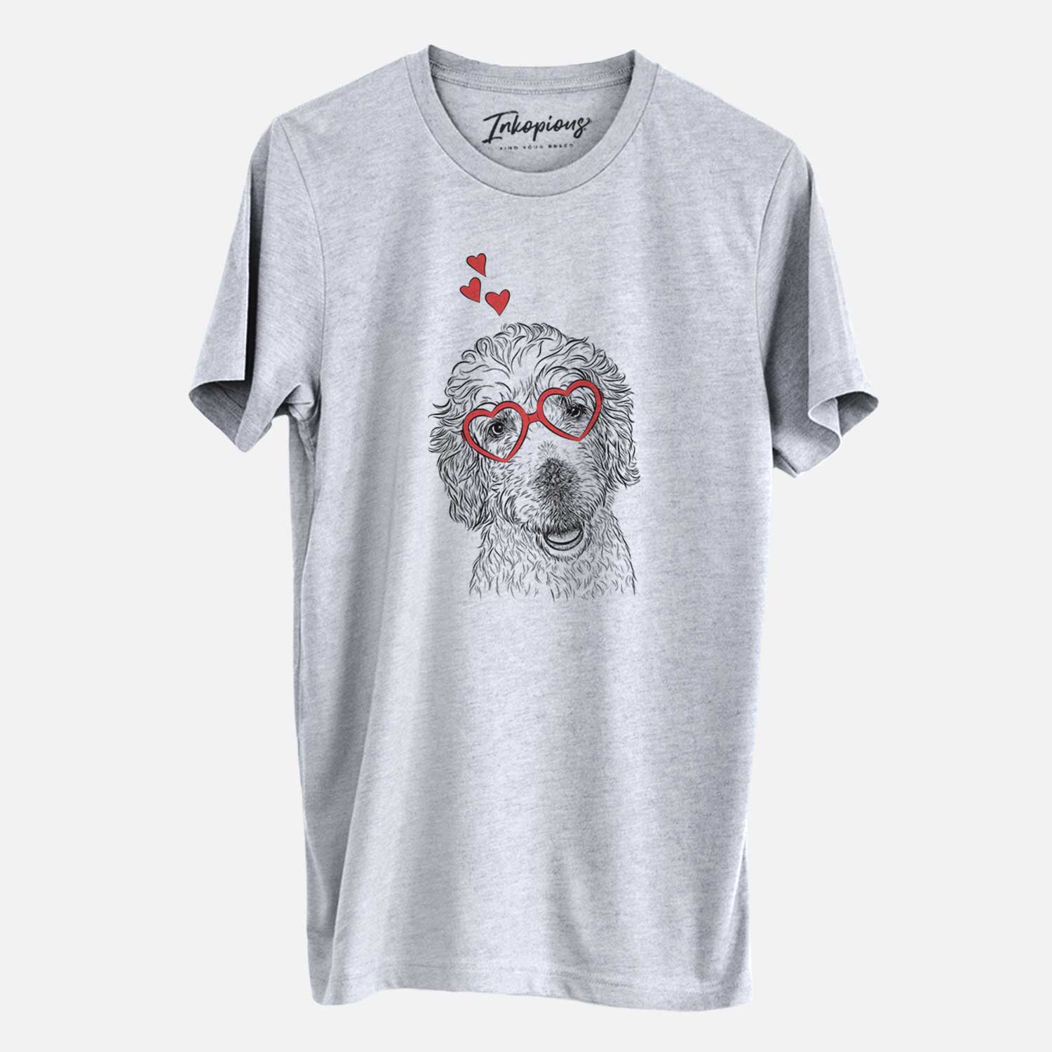 Hand-drawn sketch of Preston the Labradoodle wearing heart-shaped glasses on a Grey Unisex crewneck