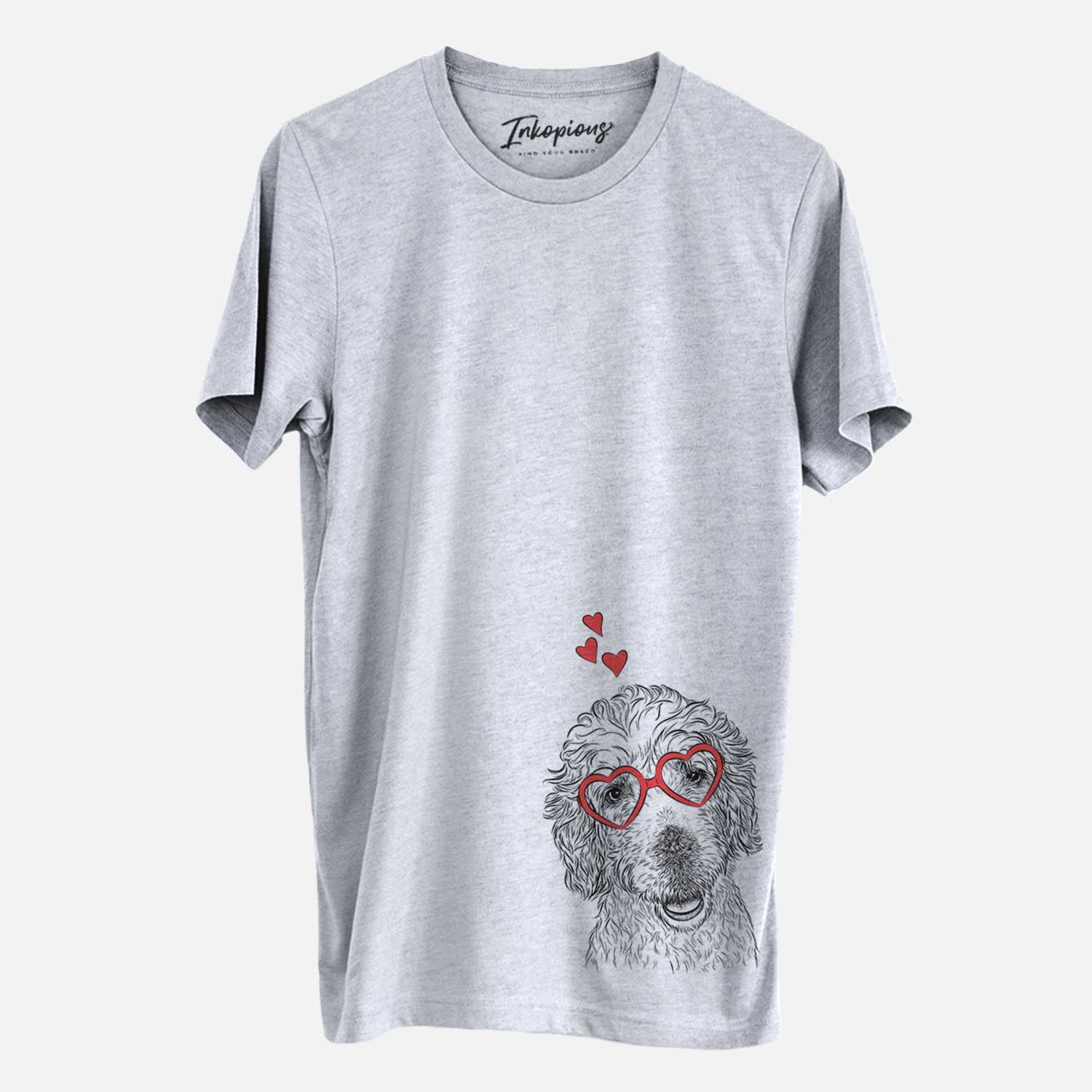 Hand-drawn sketch of Preston the Labradoodle wearing heart-shaped glasses on a Grey Unisex crewneck