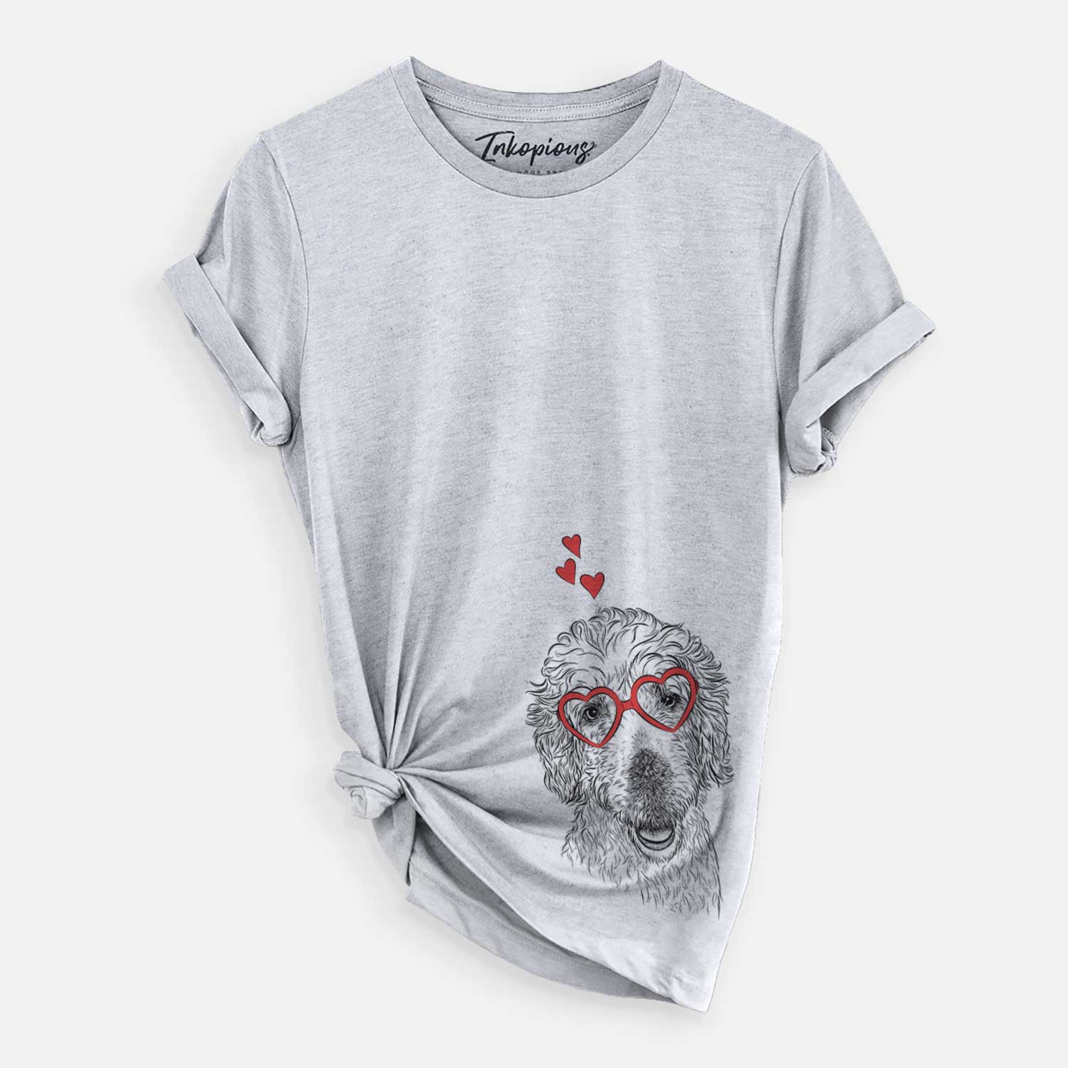 Hand-drawn sketch of Preston the Labradoodle wearing heart-shaped glasses on a Grey Unisex crewneck