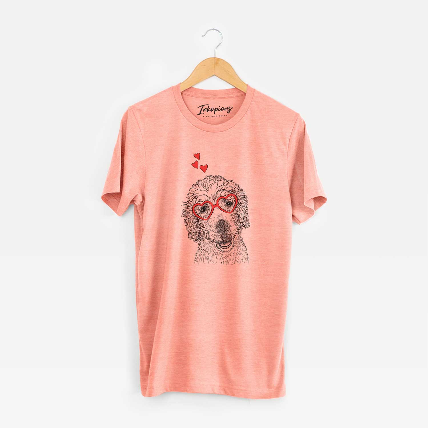 Hand-drawn sketch of Preston the Labradoodle wearing heart-shaped glasses on a Sunset Unisex crewneck