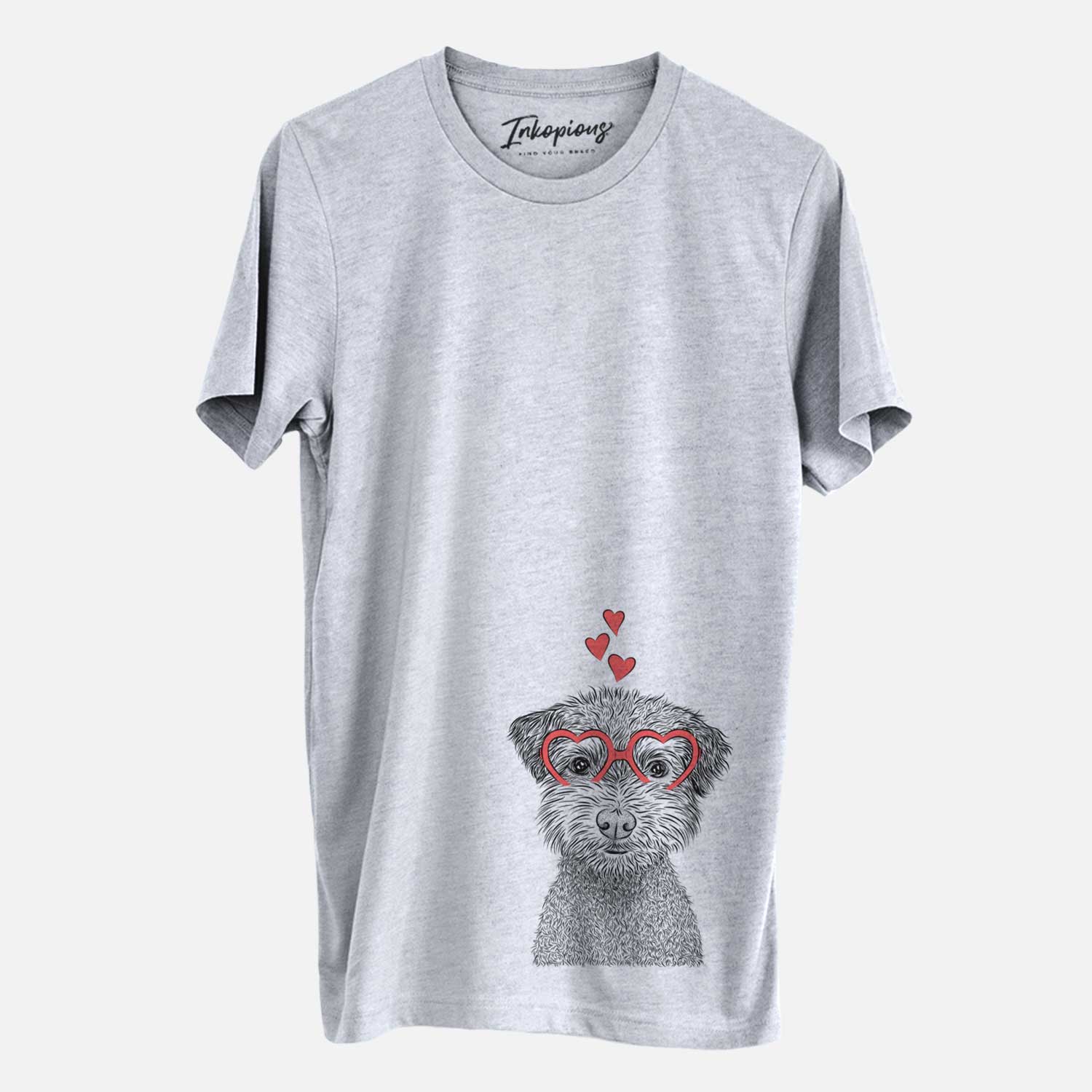 Hand-drawn sketch of Pretzel the Schnoodle wearing heart-shaped glasses on a Grey Unisex crewneck