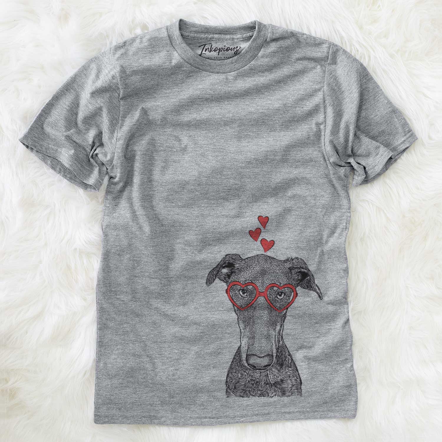 Hand-drawn sketch of Princess Fiona the Doberman Pinscher wearing heart-shaped glasses on a Grey Unisex crewneck