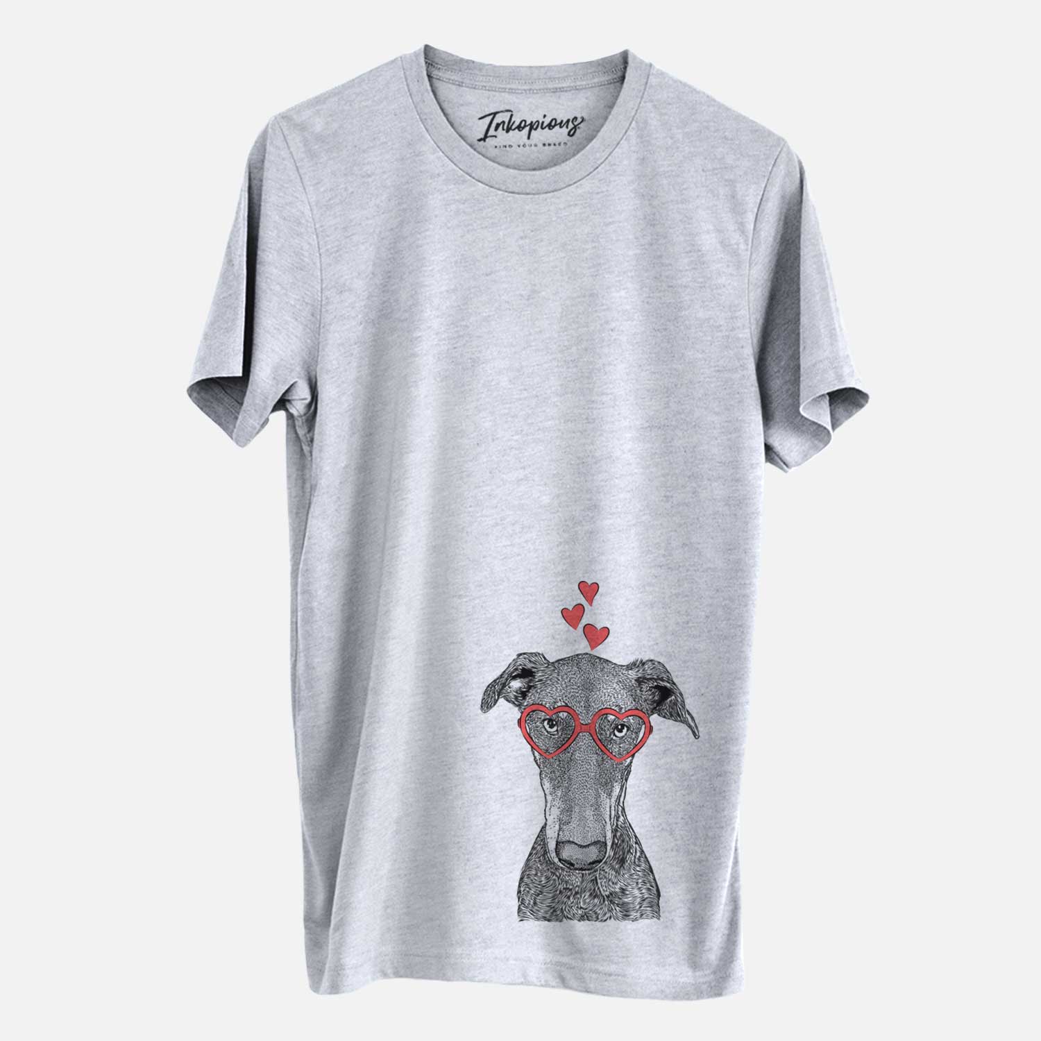 Hand-drawn sketch of Princess Fiona the Doberman Pinscher wearing heart-shaped glasses on a Grey Unisex crewneck