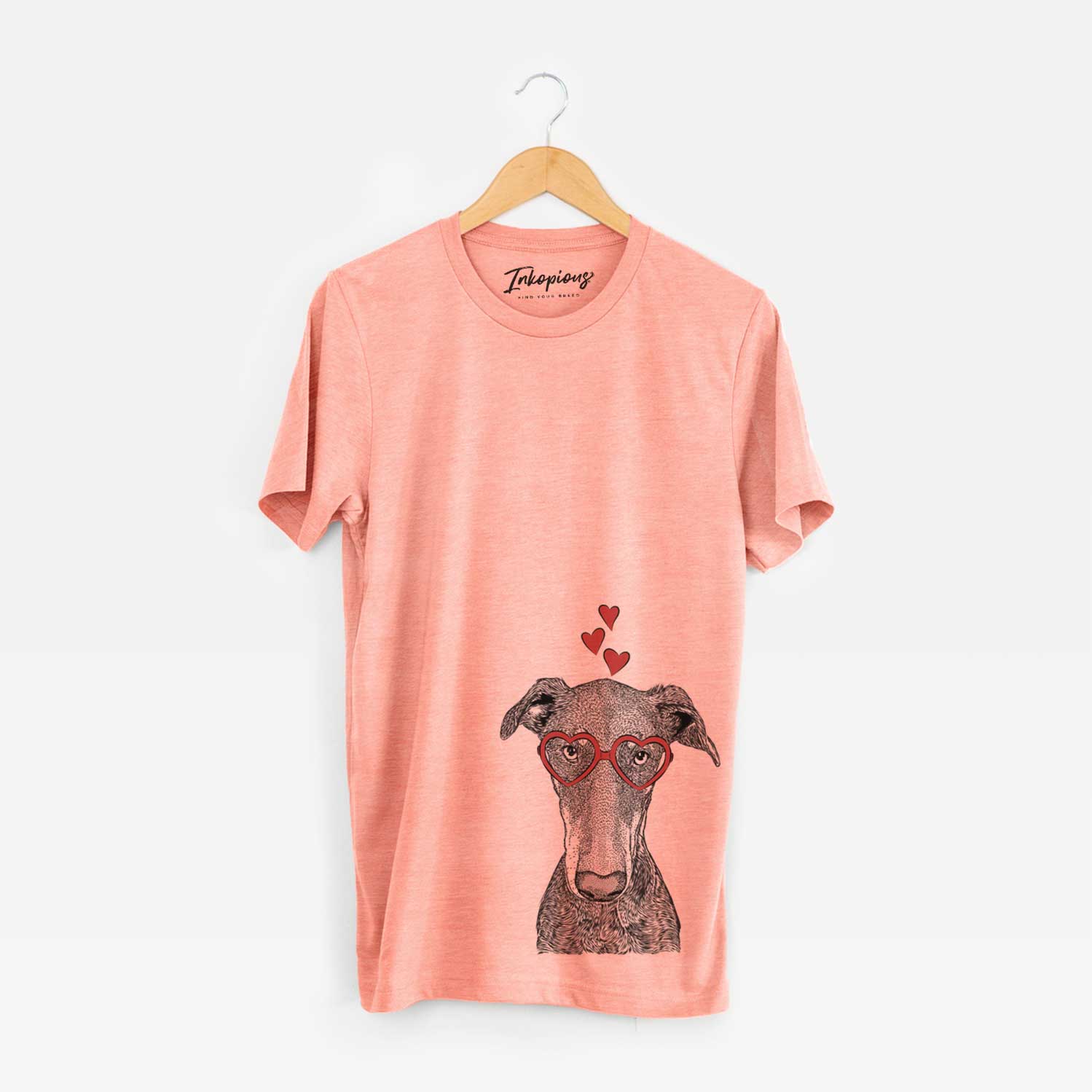 Hand-drawn sketch of Princess Fiona the Doberman Pinscher wearing heart-shaped glasses on a Sunset Unisex crewneck