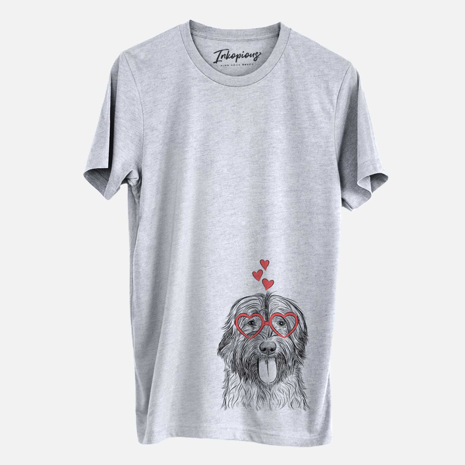 Hand-drawn sketch of Puig the Catalan Sheepdog wearing heart-shaped glasses on a Grey Unisex crewneck