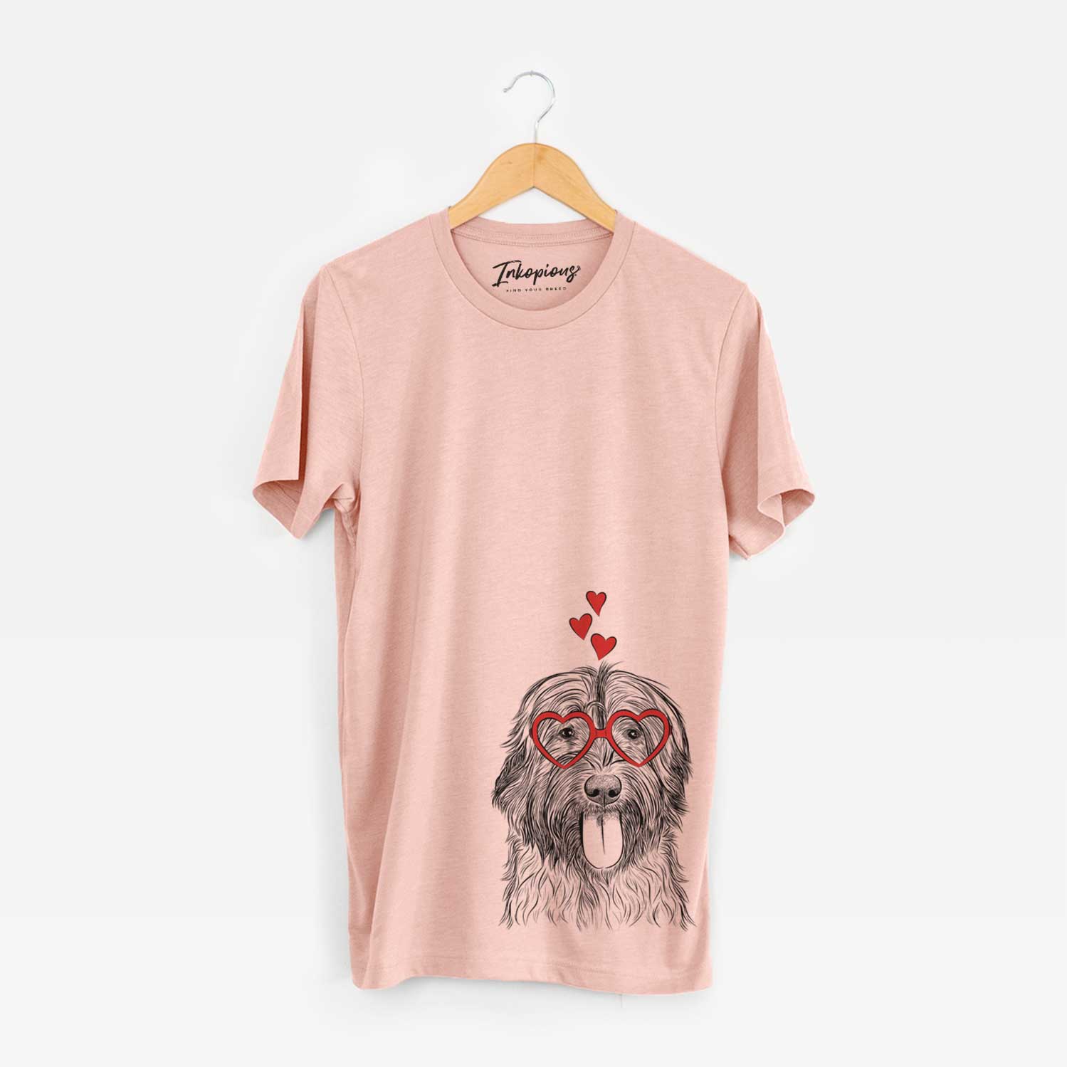Hand-drawn sketch of Puig the Catalan Sheepdog wearing heart-shaped glasses on a Peach Unisex crewneck