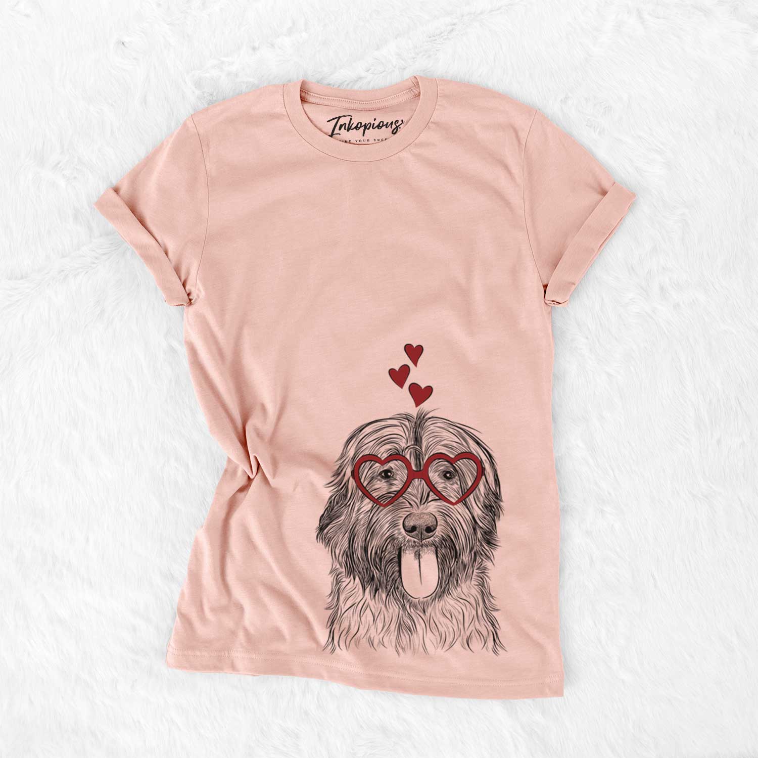 Hand-drawn sketch of Puig the Catalan Sheepdog wearing heart-shaped glasses on a Peach Bella Canvas Unisex Crewneck