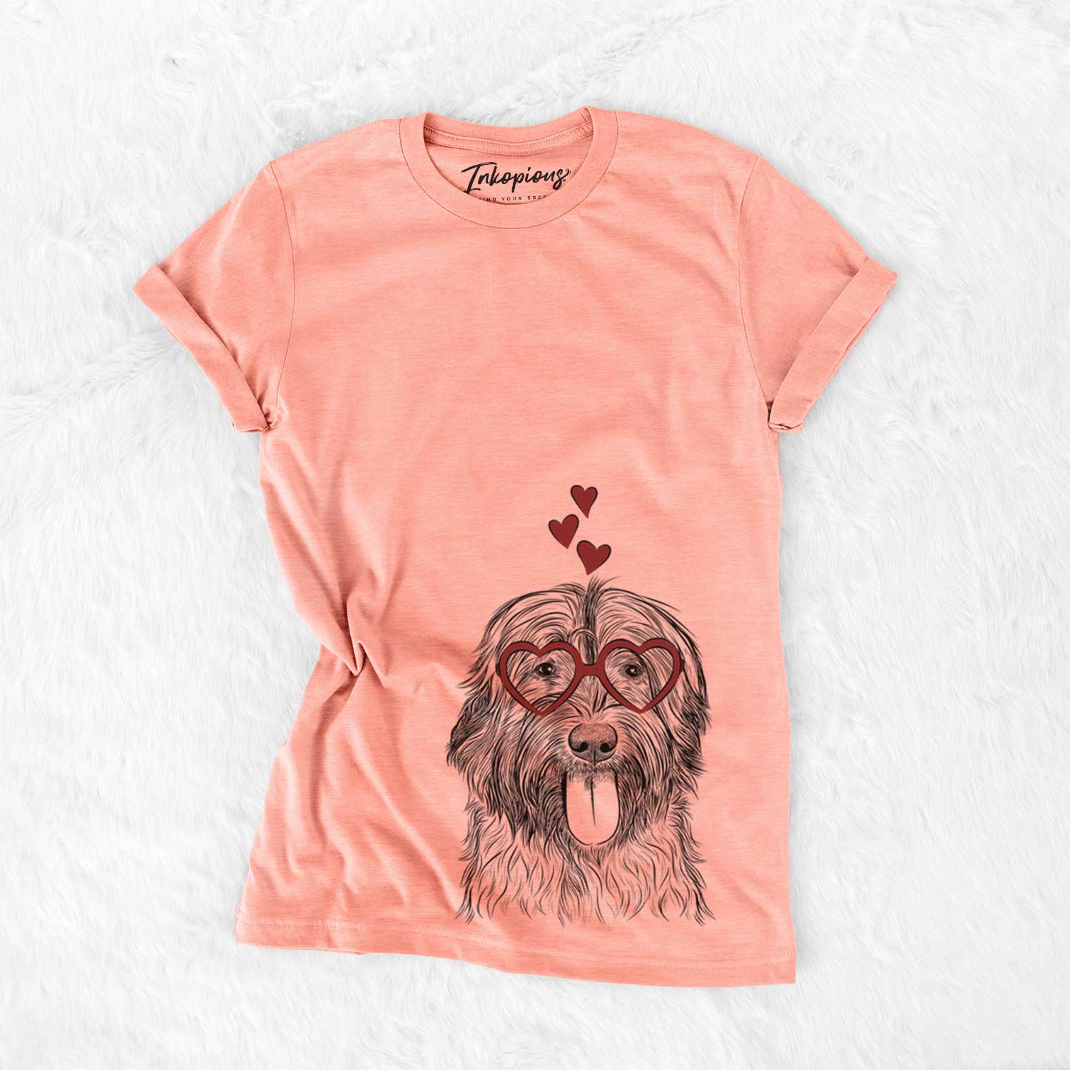 Hand-drawn sketch of Puig the Catalan Sheepdog wearing heart-shaped glasses on a Sunset Bella Canvas Unisex Crewneck