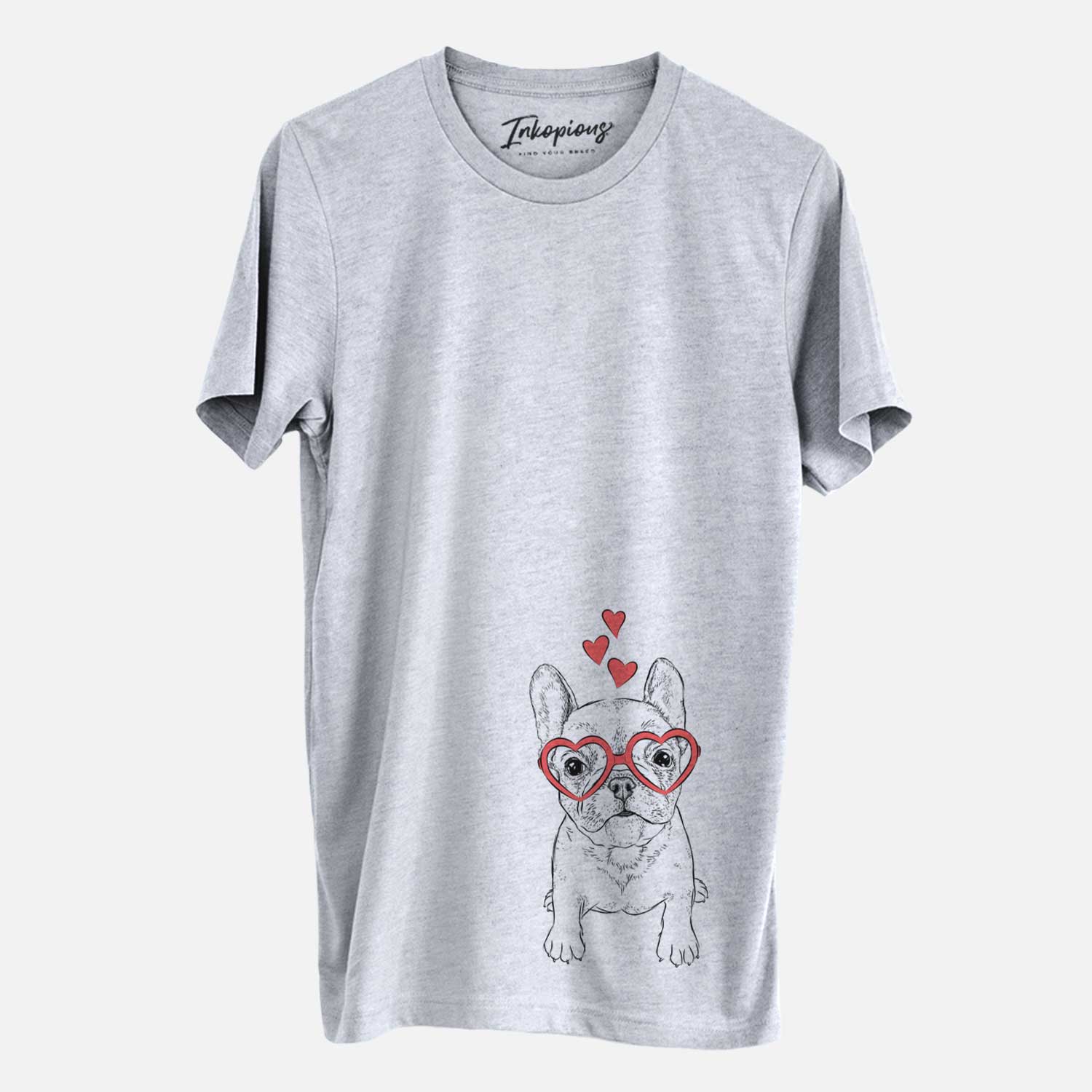 Hand-drawn sketch of Puppy Pierre the French Bulldog wearing heart-shaped glasses on a Grey Unisex crewneck