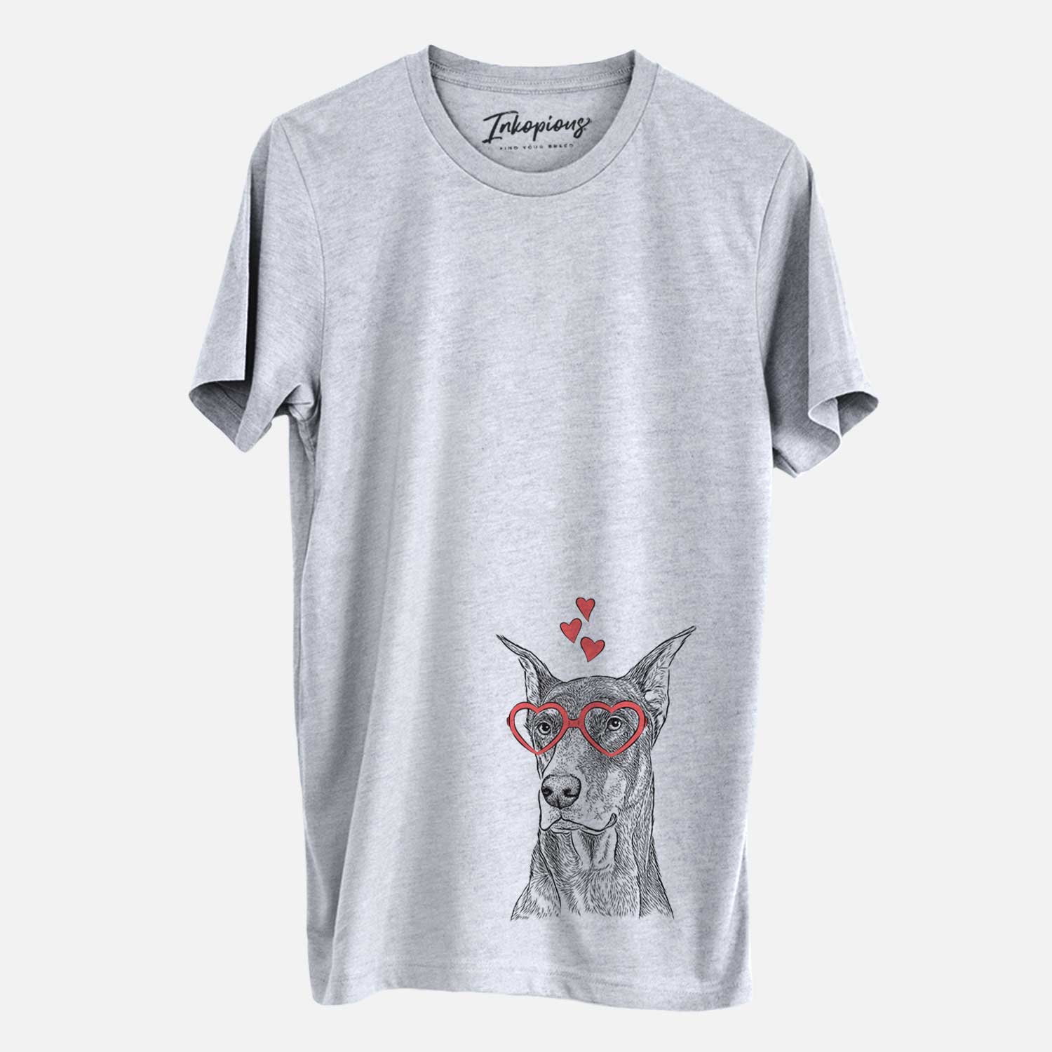 Hand-drawn sketch of RJ the Doberman Pinscher wearing heart-shaped glasses on a Grey Unisex crewneck