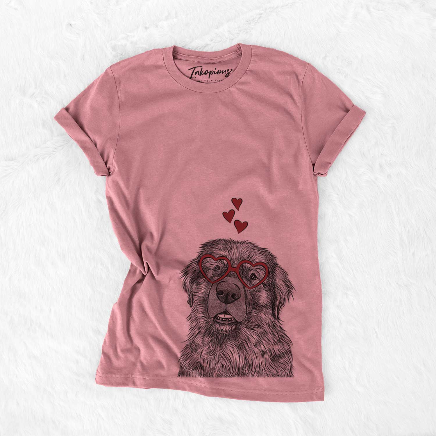 Hand-drawn sketch of Ralph the Leonberger wearing heart-shaped glasses on a Mauve Bella Canvas Unisex Crewneck
