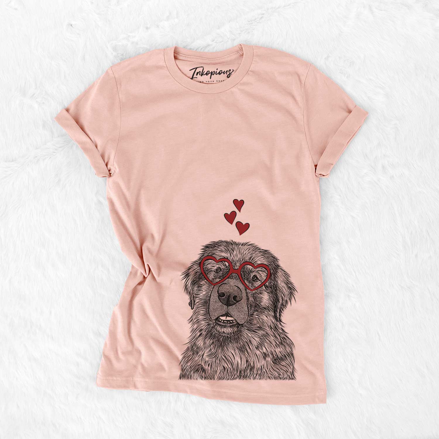 Hand-drawn sketch of Ralph the Leonberger wearing heart-shaped glasses on a Peach Bella Canvas Unisex Crewneck