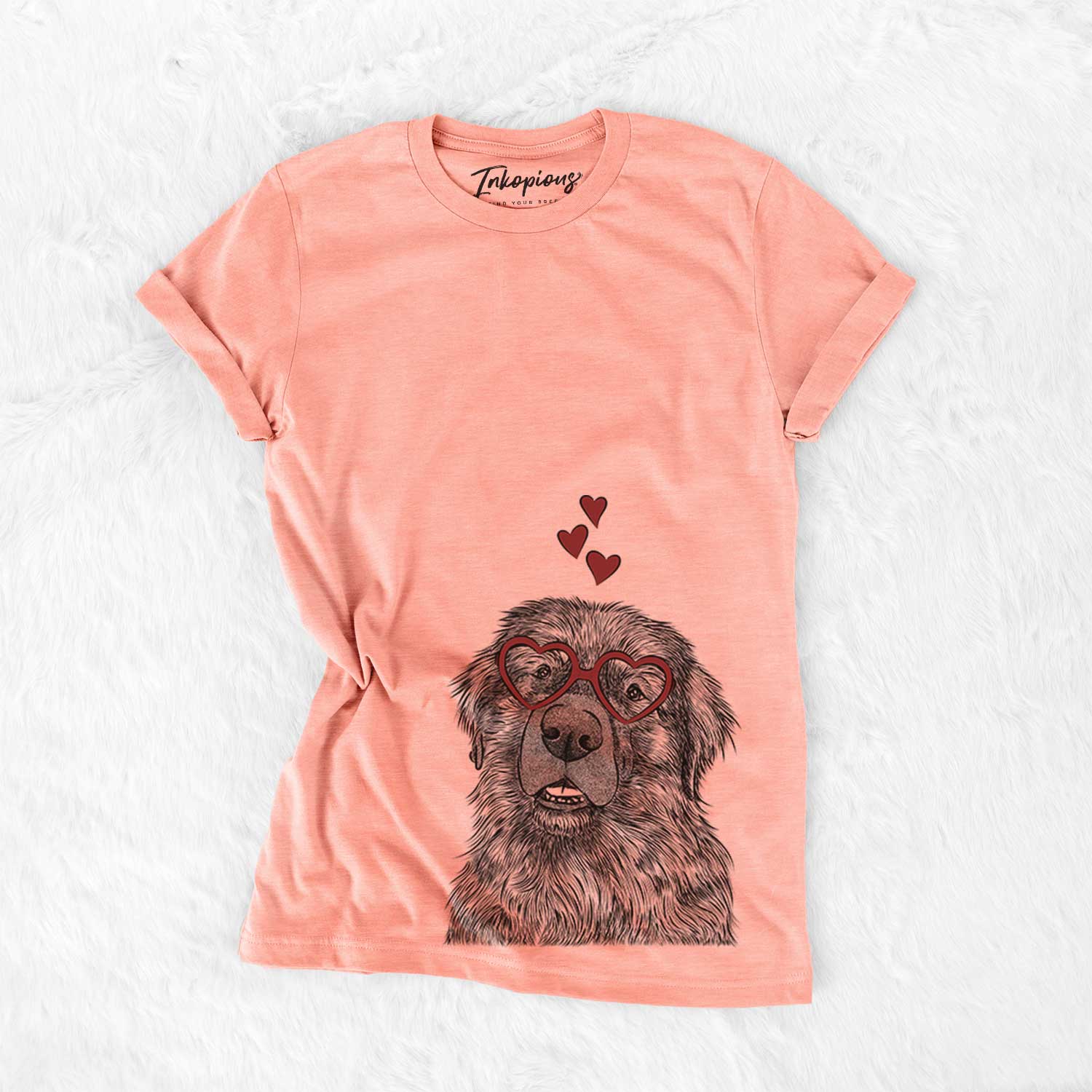 Hand-drawn sketch of Ralph the Leonberger wearing heart-shaped glasses on a Sunset Bella Canvas Unisex Crewneck