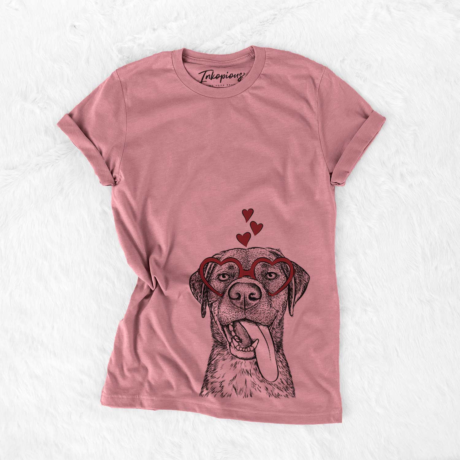 Hand-drawn sketch of Reese the Mixed Breed wearing heart-shaped glasses on a Mauve Bella Canvas Unisex Crewneck