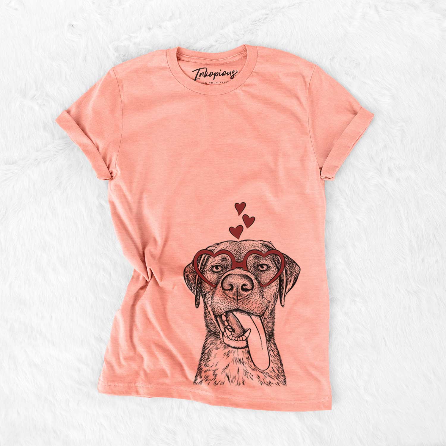 Hand-drawn sketch of Reese the Mixed Breed wearing heart-shaped glasses on a Sunset Bella Canvas Unisex Crewneck