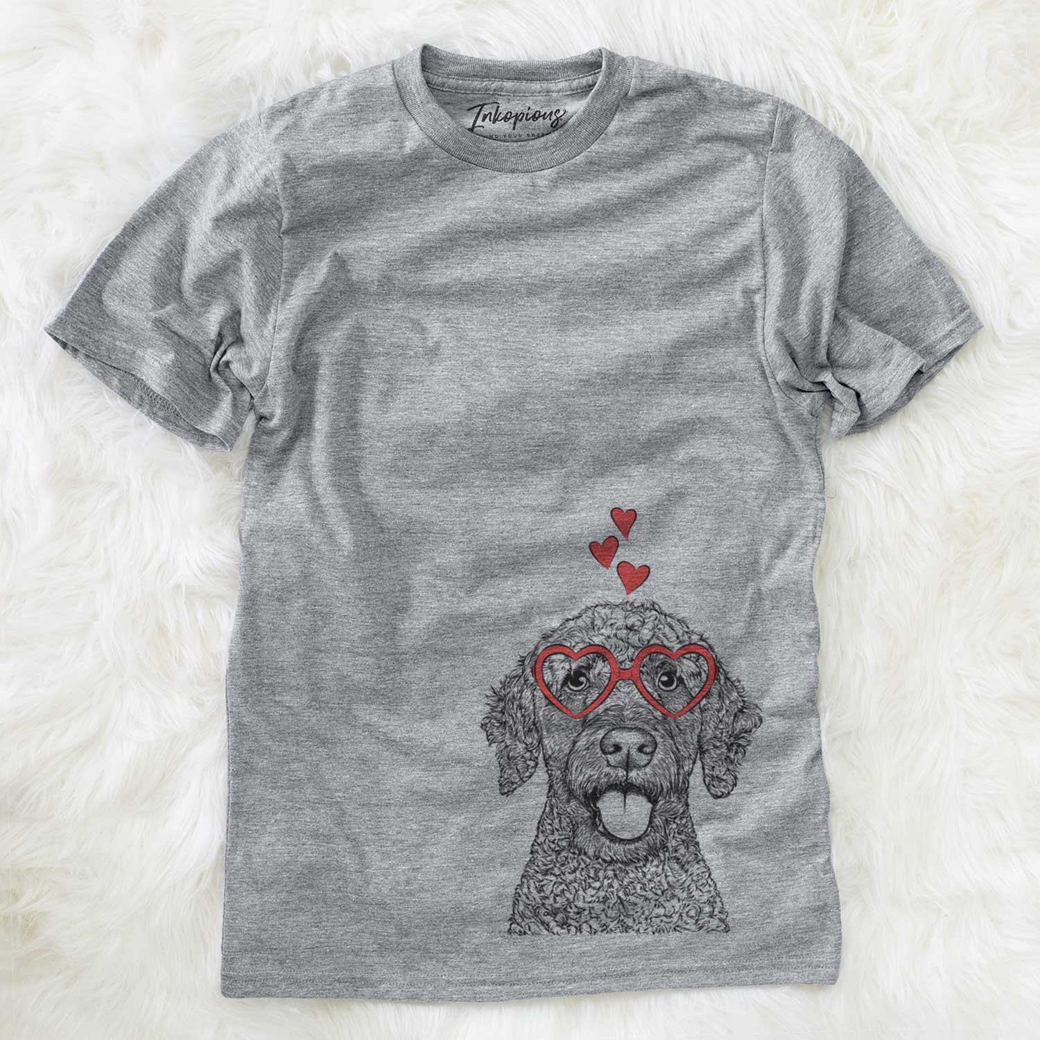 Hand-drawn sketch of Reina the Spanish Water Dog wearing heart-shaped glasses on a Grey Unisex crewneck