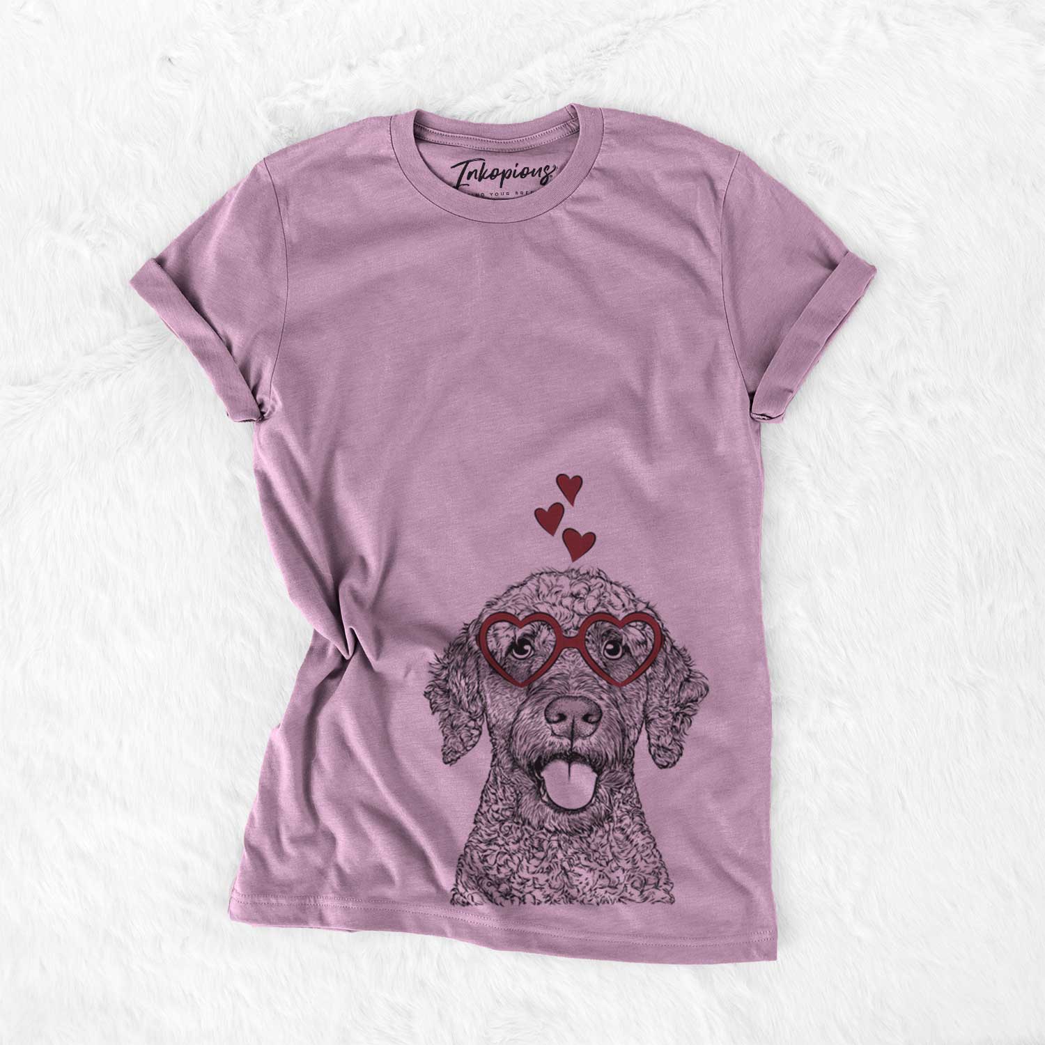 Hand-drawn sketch of Reina the Spanish Water Dog wearing heart-shaped glasses on an Orchid Bella Canvas Unisex Crewneck