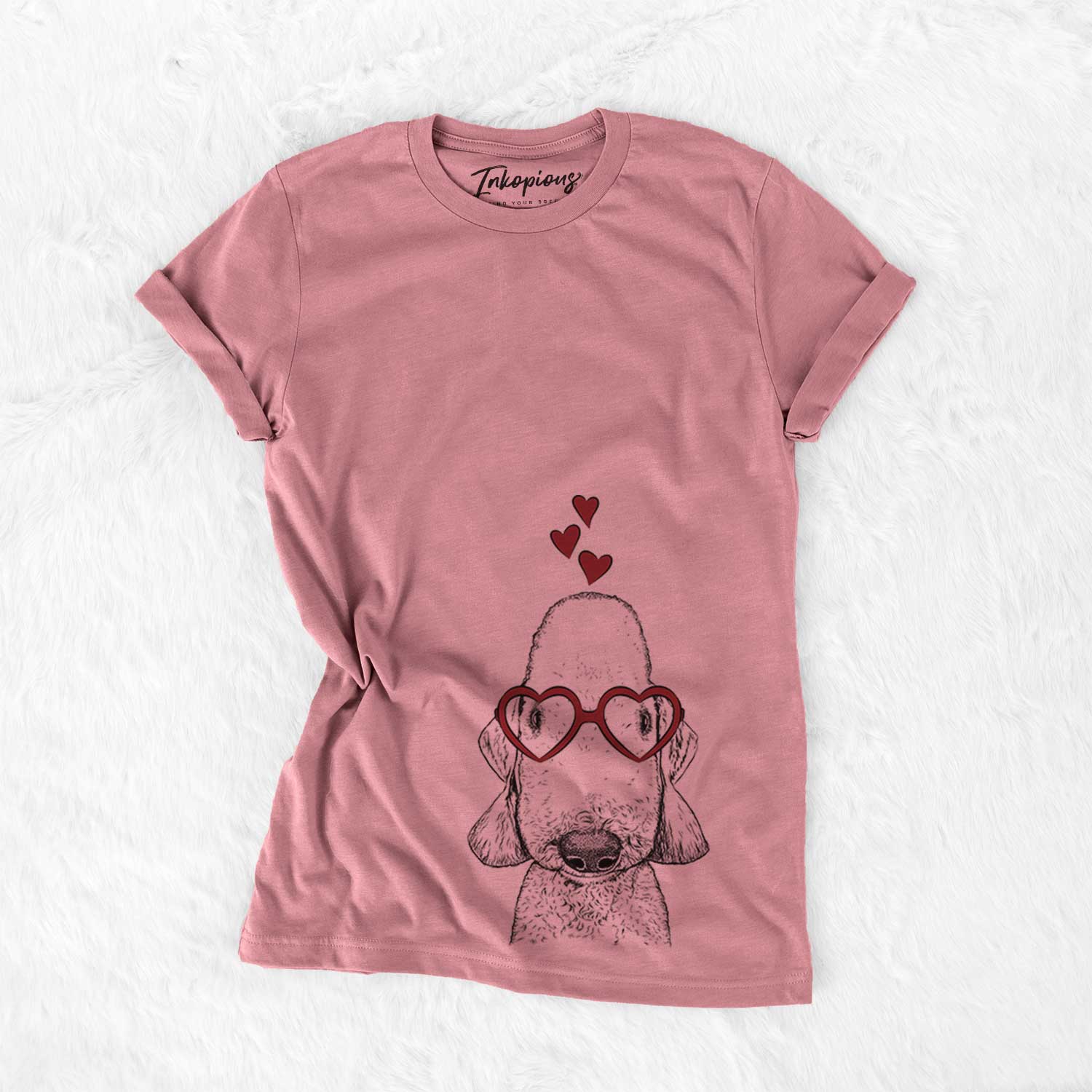 Hand-drawn sketch of Remington the Bedlington Terrier wearing heart-shaped glasses on a Mauve Bella Canvas Unisex Crewneck