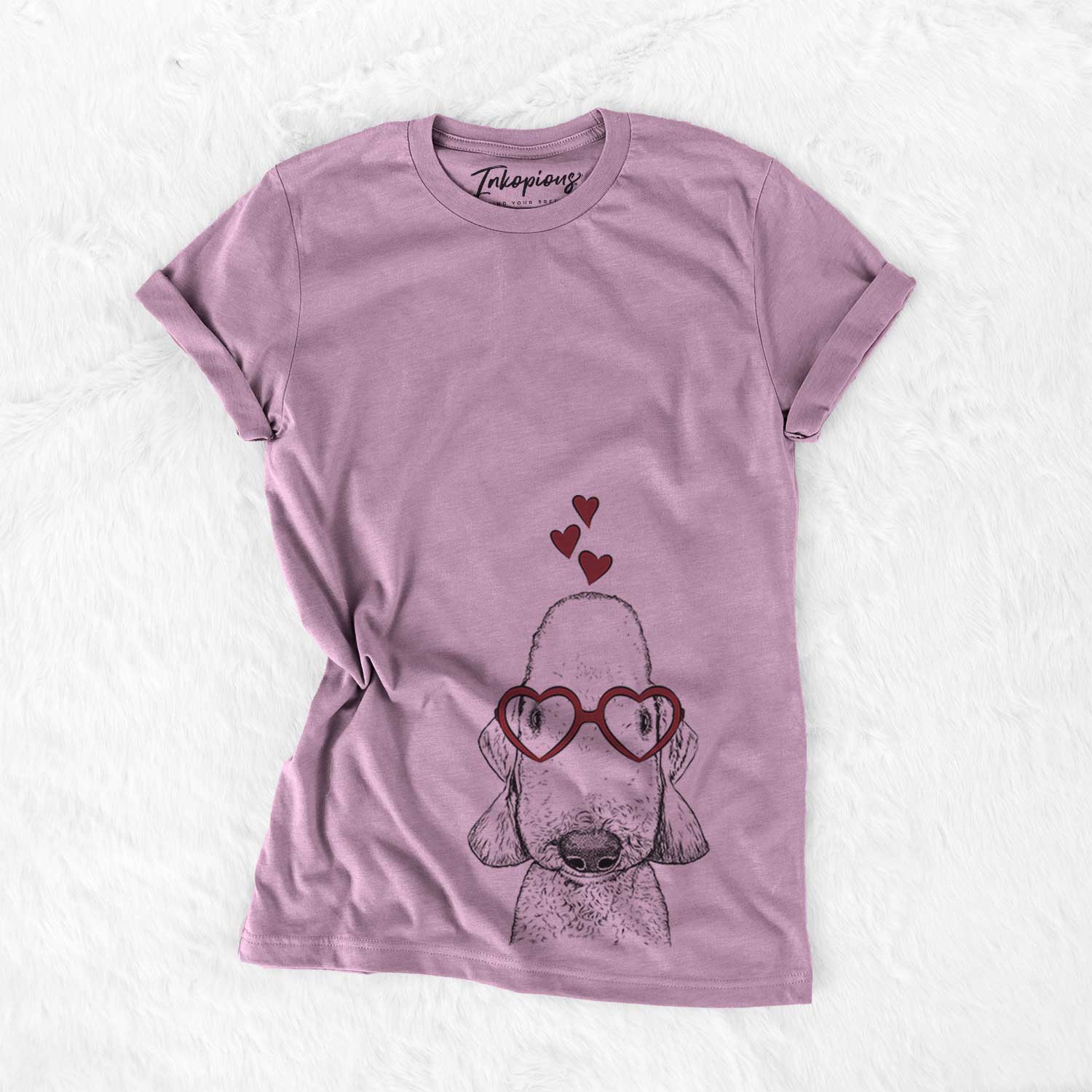 Hand-drawn sketch of Remington the Bedlington Terrier wearing heart-shaped glasses on an Orchid Bella Canvas Unisex Crewneck