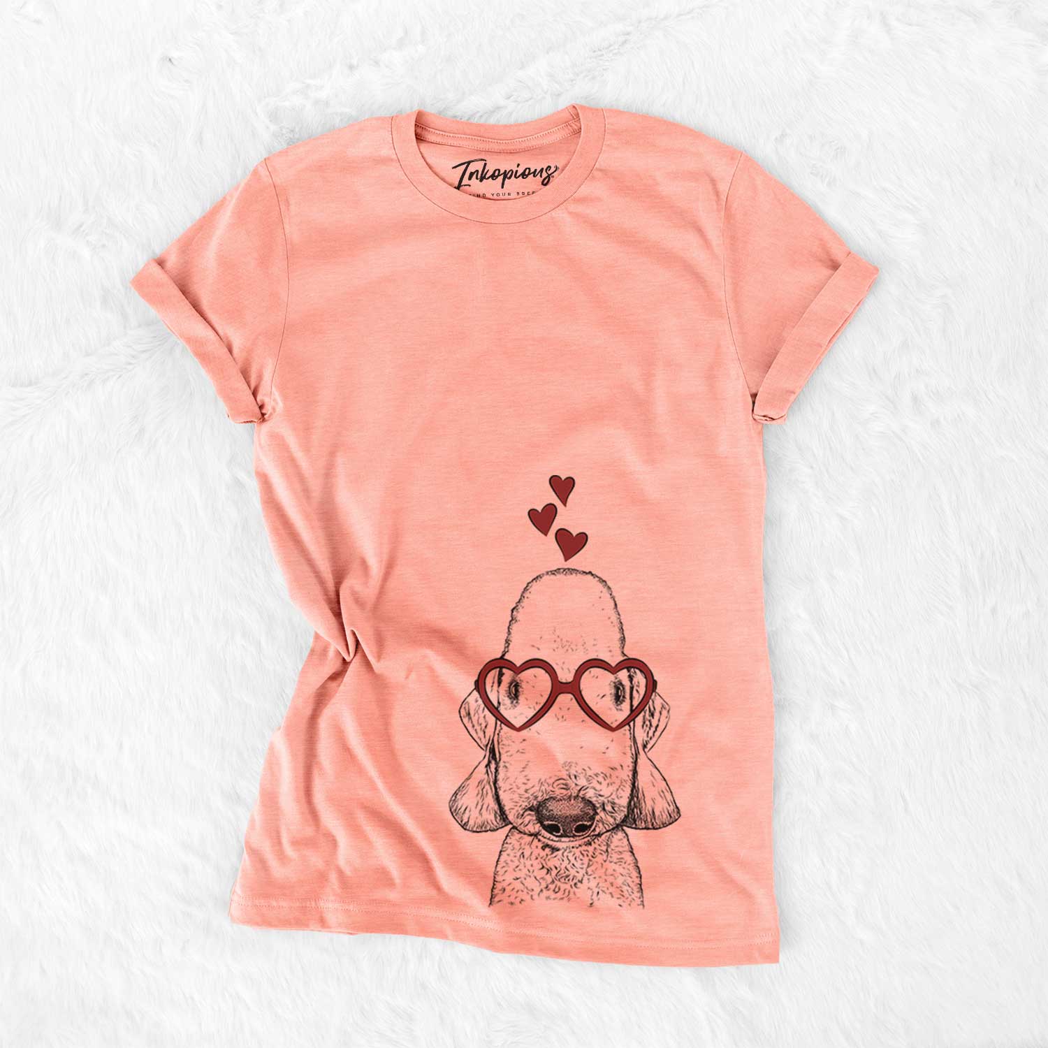 Hand-drawn sketch of Remington the Bedlington Terrier wearing heart-shaped glasses on a Sunset Bella Canvas Unisex Crewneck