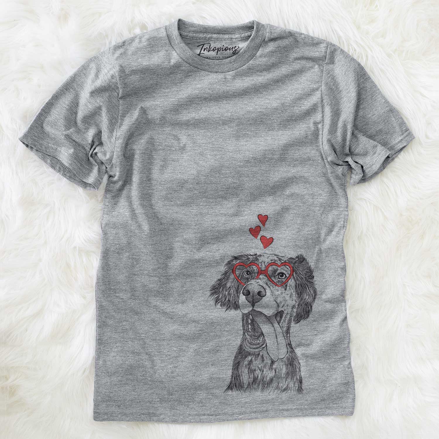 Hand-drawn sketch of Renly the English Setter wearing heart-shaped glasses on a Grey Unisex crewneck