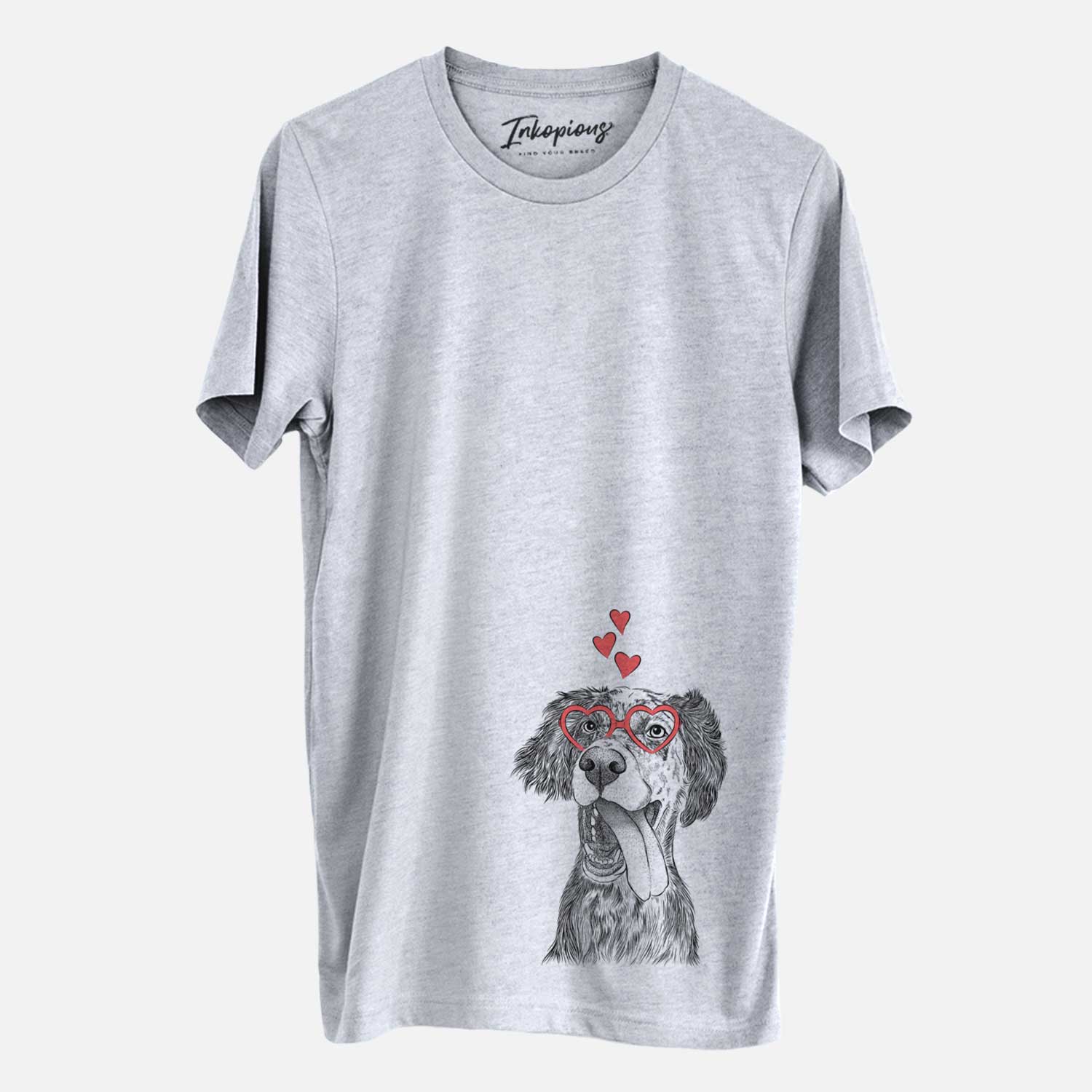 Hand-drawn sketch of Renly the English Setter wearing heart-shaped glasses on a Grey Unisex crewneck