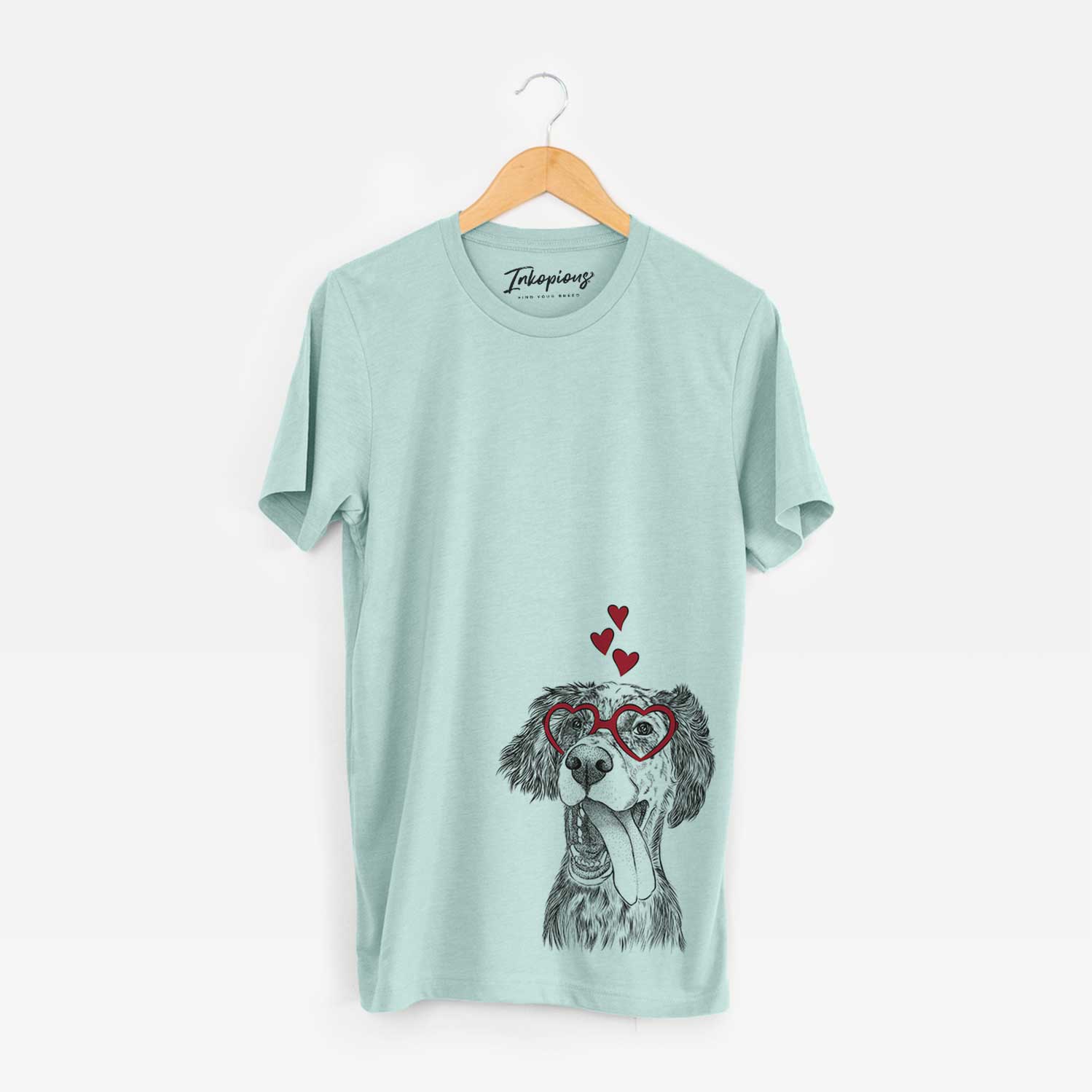 Hand-drawn sketch of Renly the English Setter wearing heart-shaped glasses on a Heather Sage Bella Canvas Unisex Crewneck