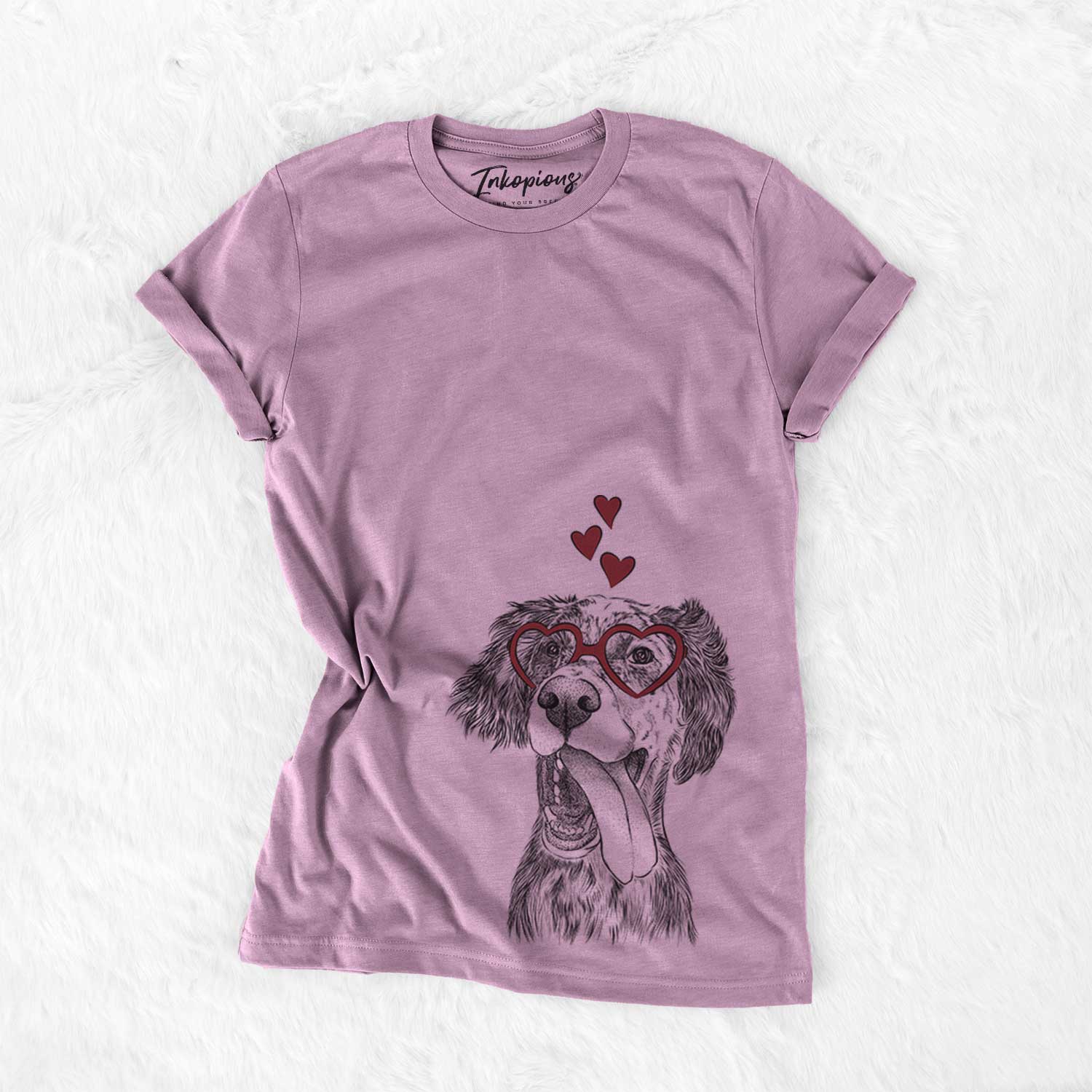 Hand-drawn sketch of Renly the English Setter wearing heart-shaped glasses on an Orchid Bella Canvas Unisex Crewneck