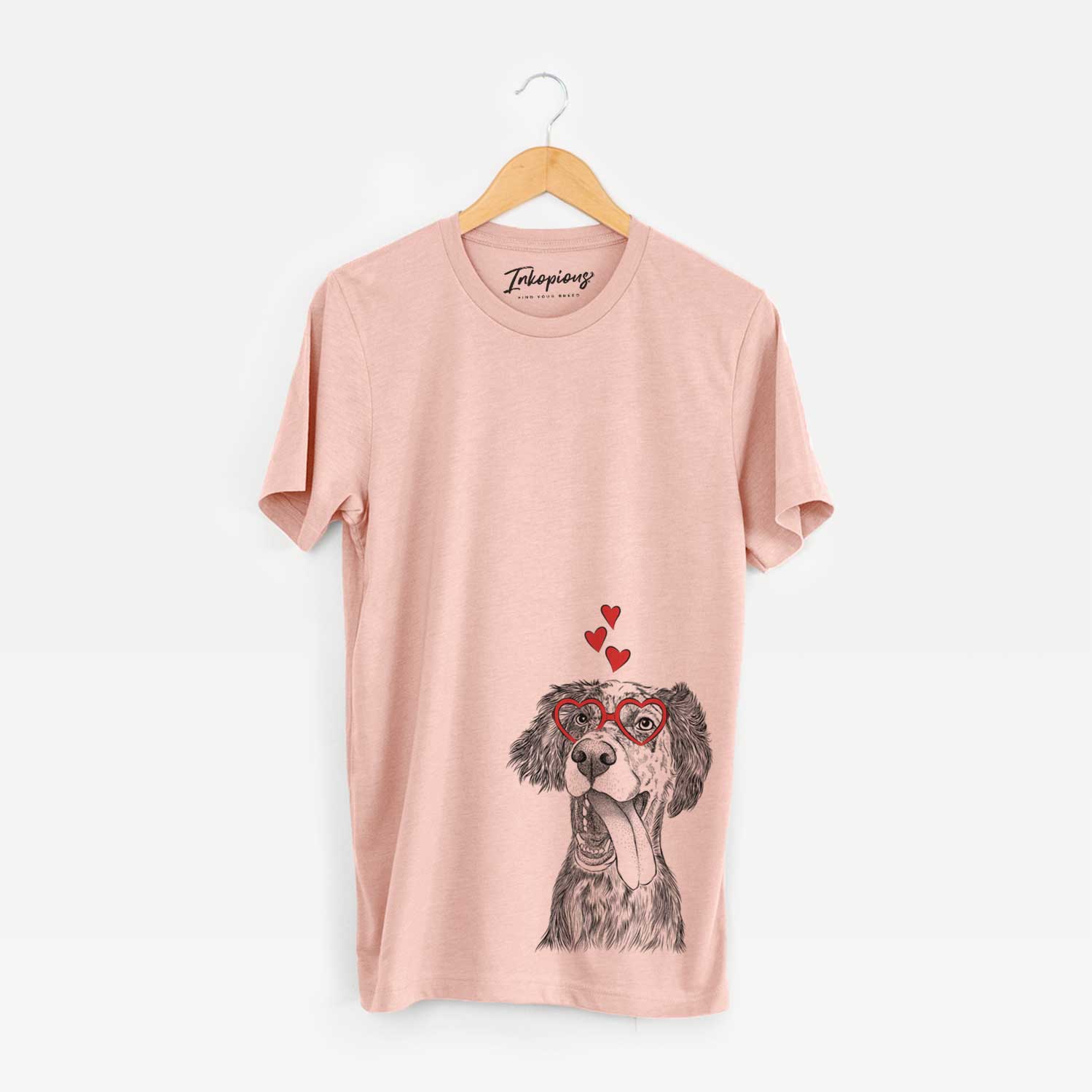 Hand-drawn sketch of Renly the English Setter wearing heart-shaped glasses on a Peach Unisex crewneck