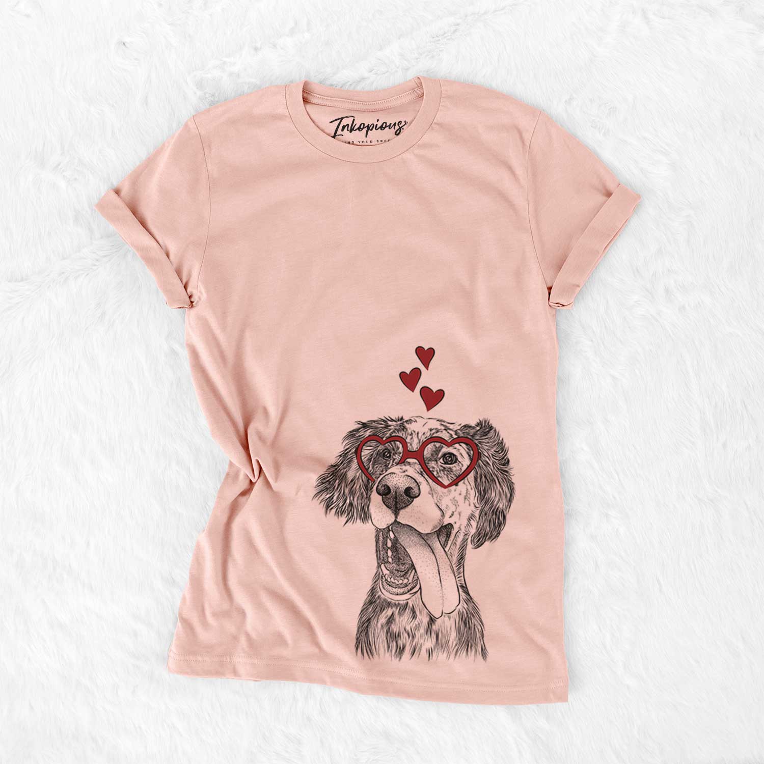 Hand-drawn sketch of Renly the English Setter wearing heart-shaped glasses on a Peach Bella Canvas Unisex Crewneck