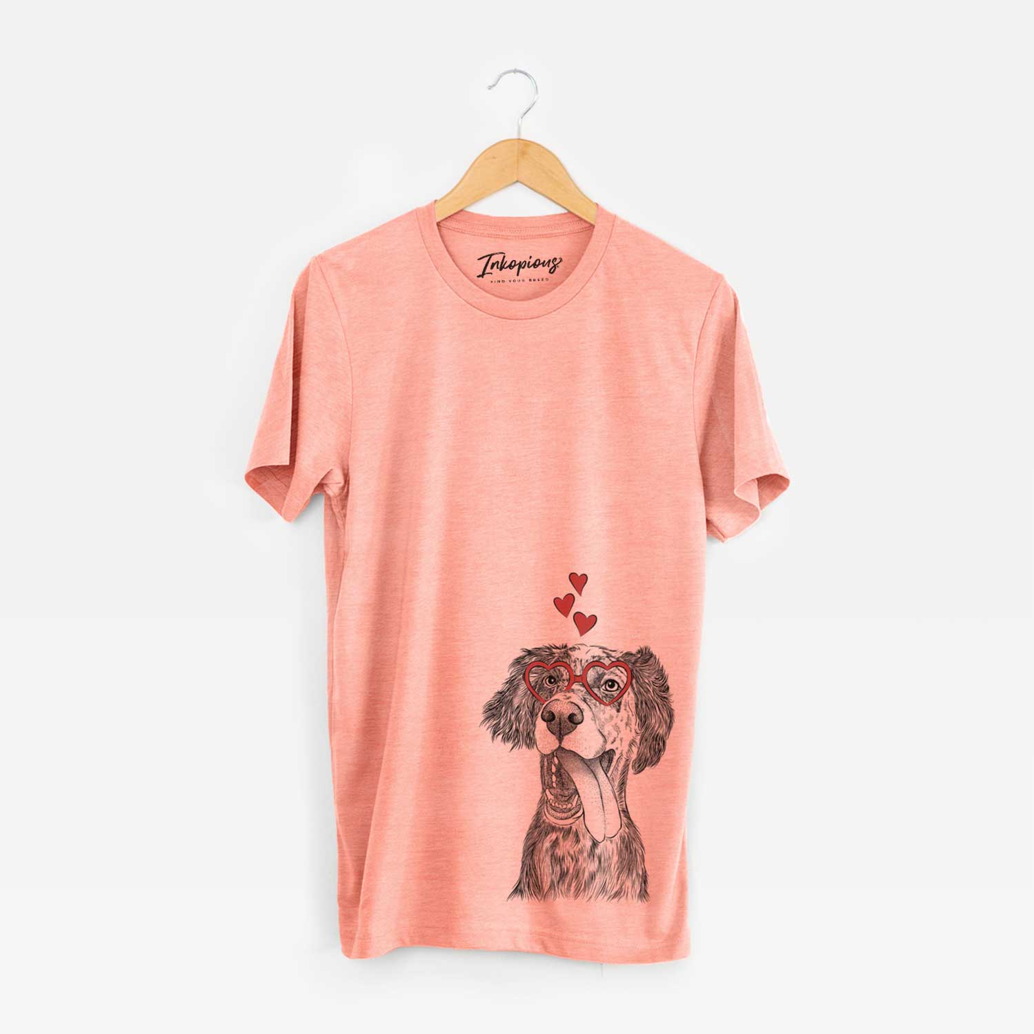 Hand-drawn sketch of Renly the English Setter wearing heart-shaped glasses on a Sunset Unisex crewneck