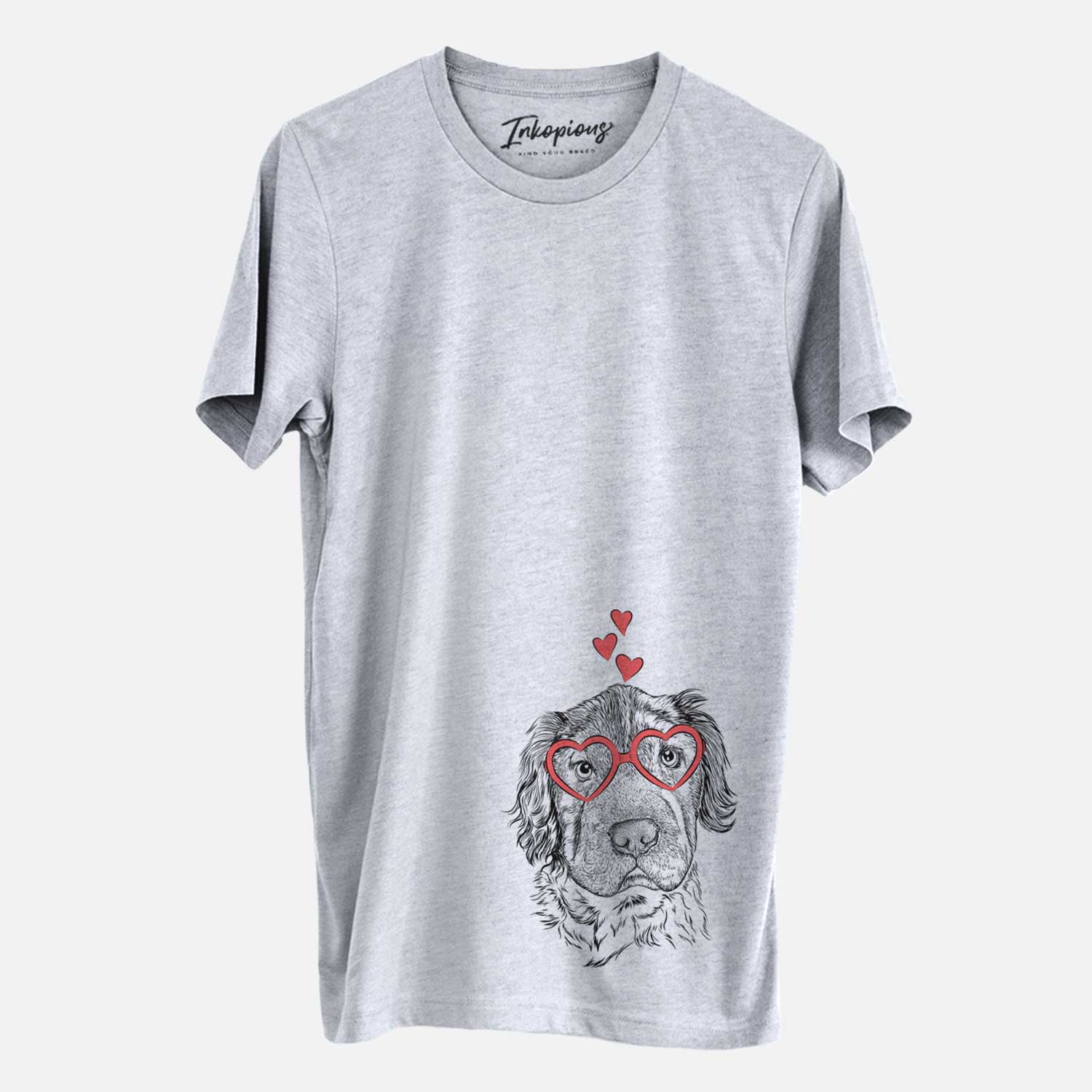 Hand-drawn sketch of Rex the Mini Hippo wearing heart-shaped glasses on a Grey Unisex crewneck