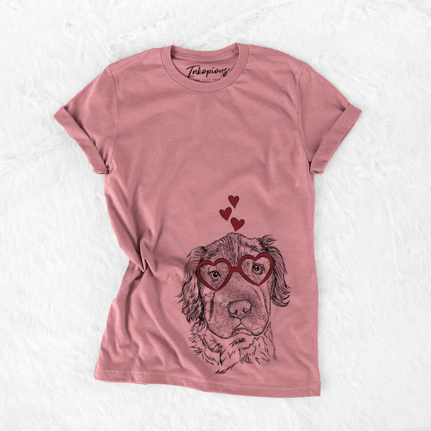 Hand-drawn sketch of Rex the Mini Hippo wearing heart-shaped glasses on a Mauve Bella Canvas Unisex Crewneck