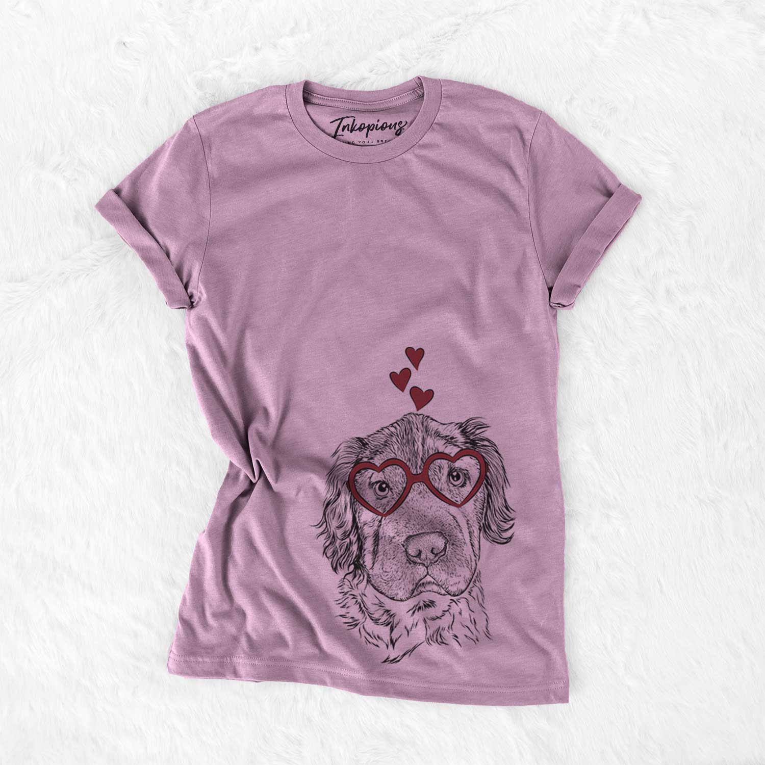 Hand-drawn sketch of Rex the Mini Hippo wearing heart-shaped glasses on an Orchid Bella Canvas Unisex Crewneck