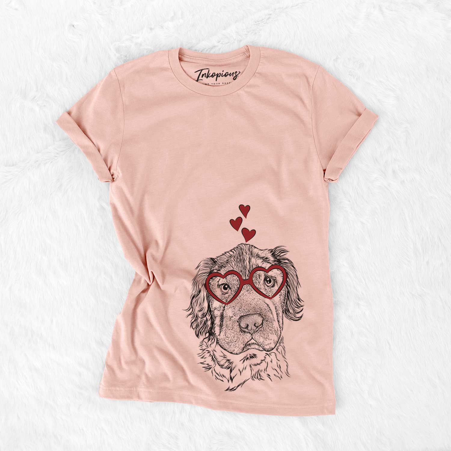 Hand-drawn sketch of Rex the Mini Hippo wearing heart-shaped glasses on a Peach Bella Canvas Unisex Crewneck